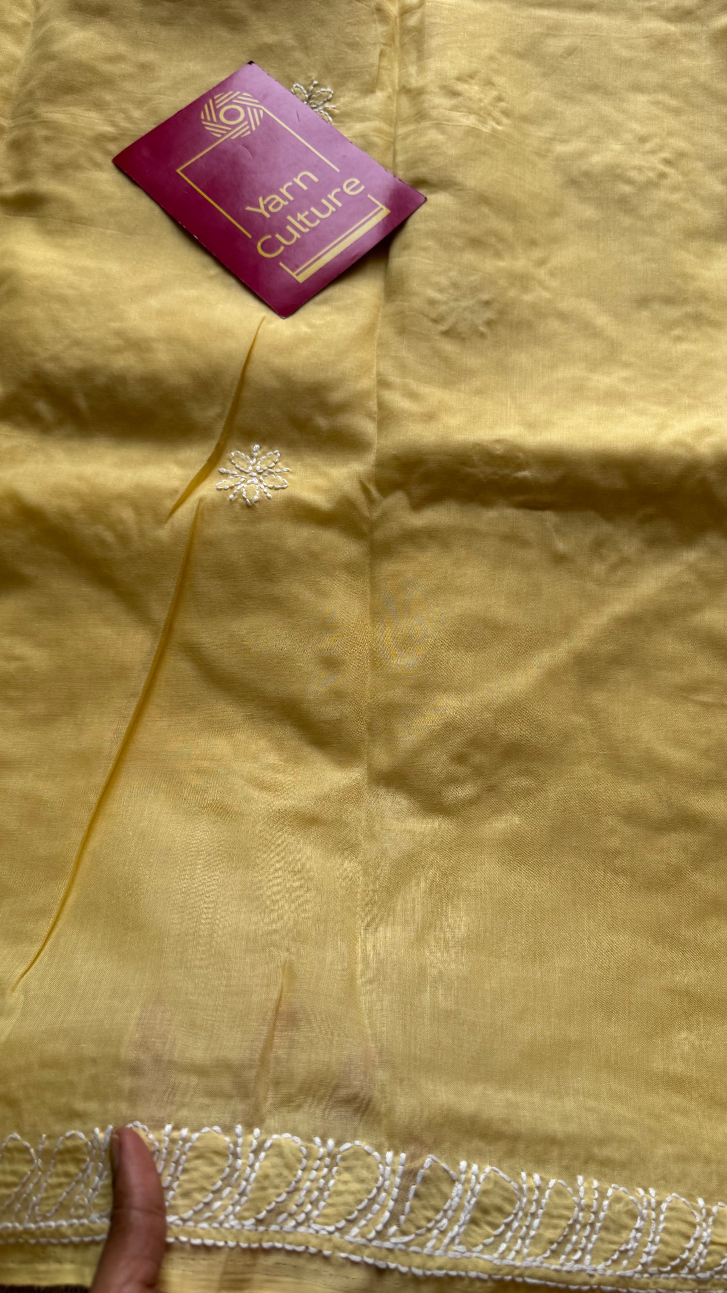 Ziya - light canary yellow hand-embroidered chikankari cotton saree - YCLCKFE417