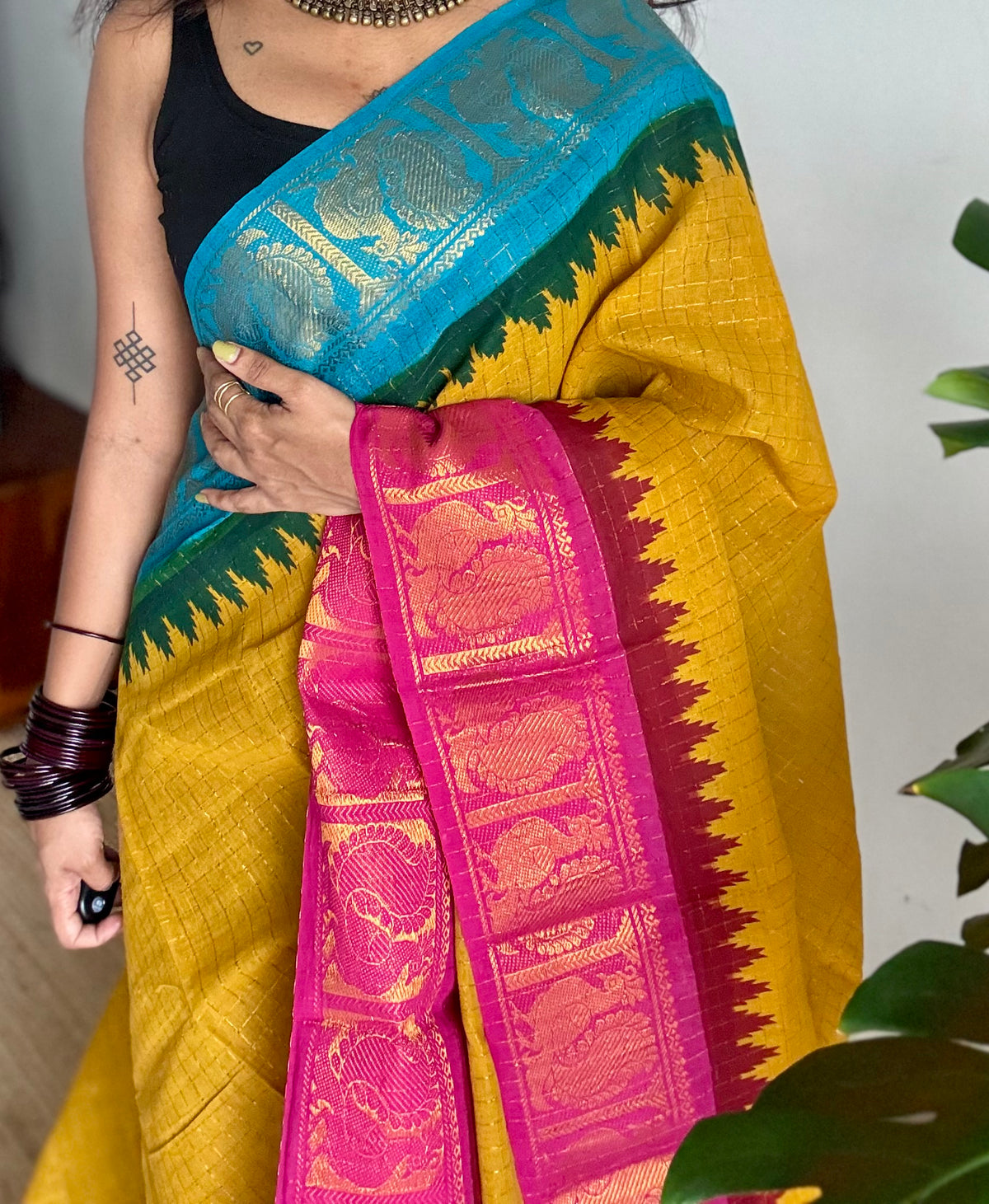 Sungudi cotton checks, mustard yellow base, blue and hot pink dual tone border, soft cotton - YCCOTNMSSE10