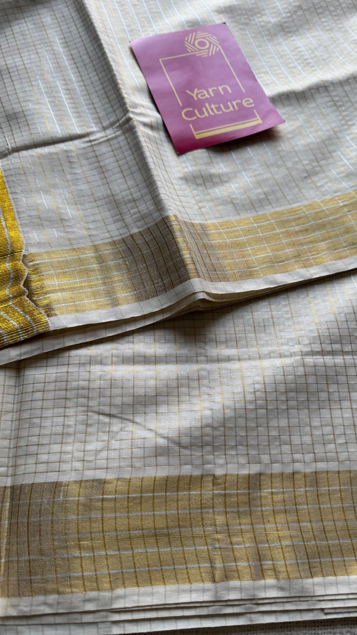 Ivory Kerala tissue cotton saree with silver and gold checks - YCIEKCFE308