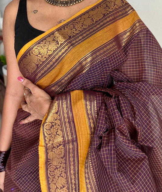 Kanchi cotton saree, dark brown checks with korvai border - YCCOTNAP73