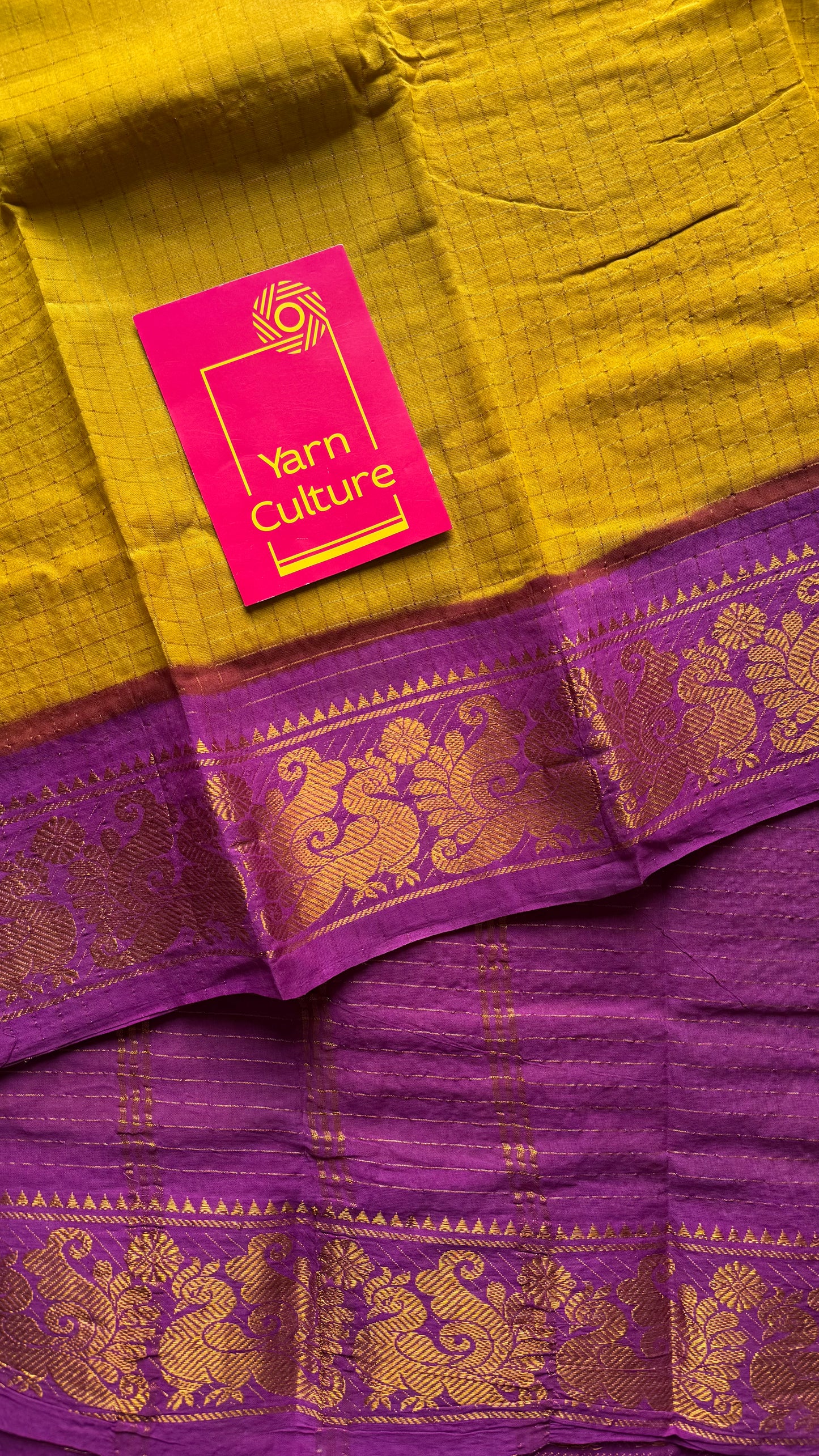 Ginger yellow with magenta checkered sungudi, madurai cotton - YCCOTNSUDE46