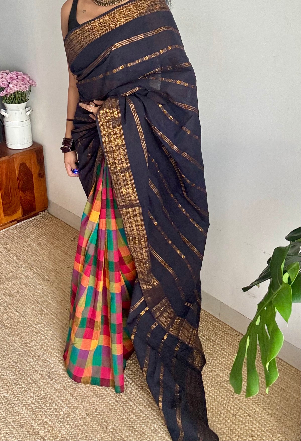 Black velthaari stripes with multicoloured madras checks, cotton half and half saree - YCCOTNIDOC167