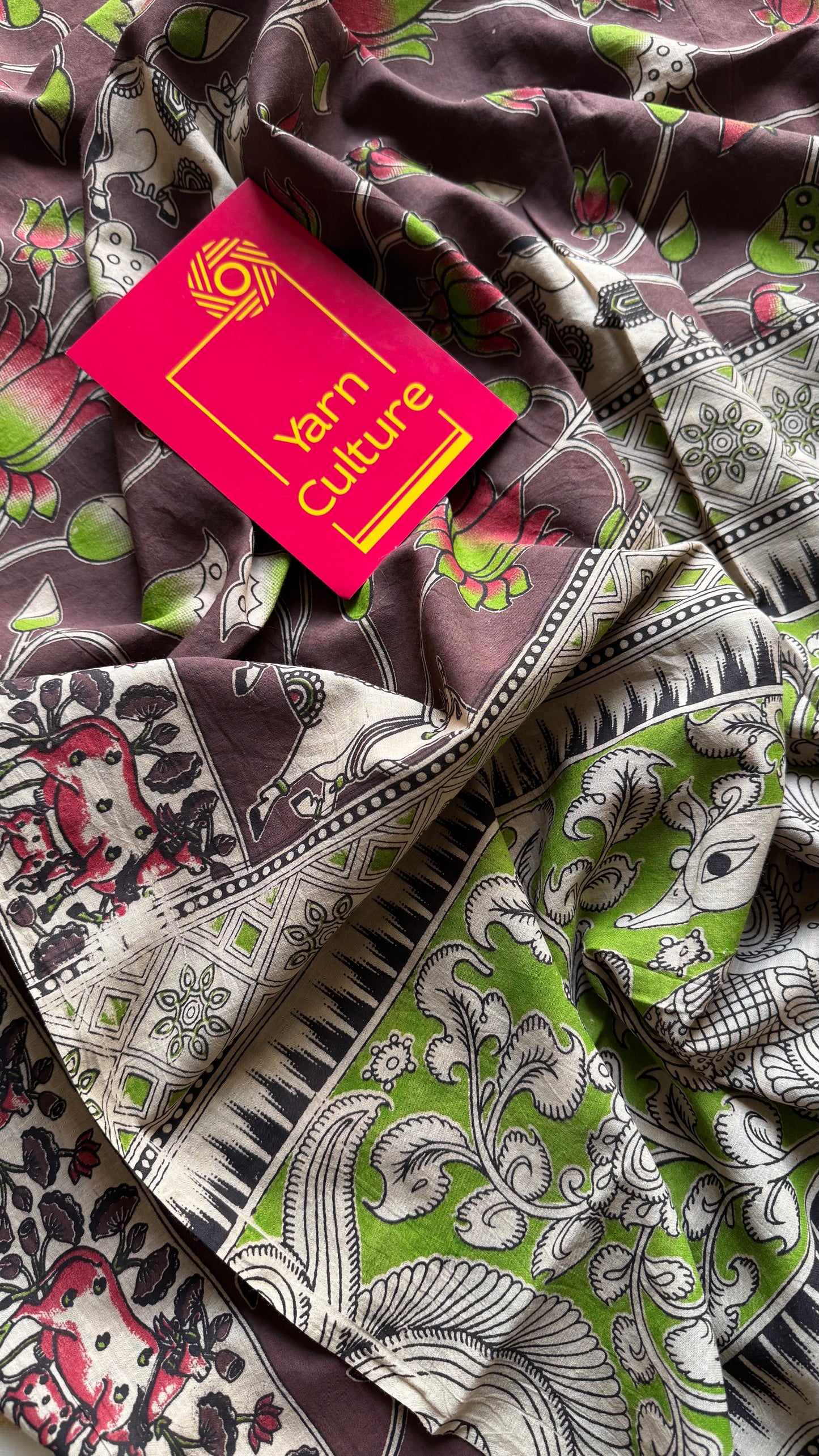 Brown kalamkari saree, multicoloured floral vines, soft cotton - YCWOTDMA344