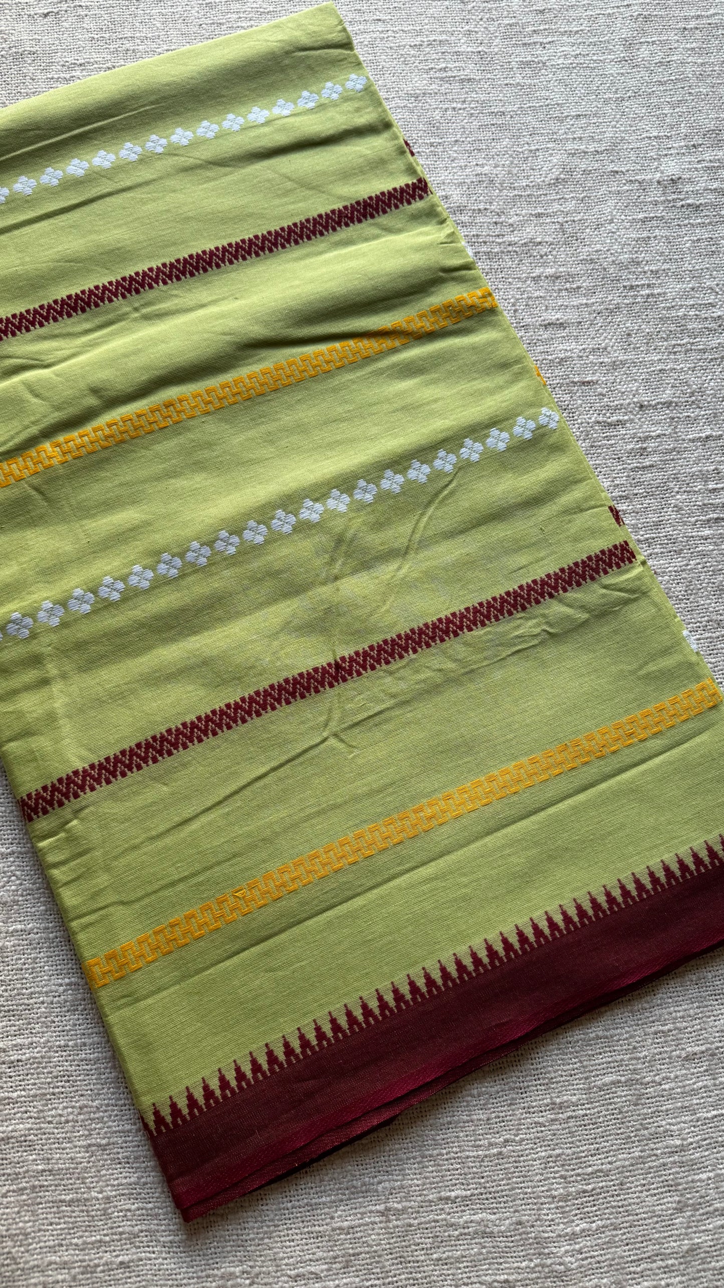 Dhonekhali handloom soft cotton saree, light green with maroon, yellow and white woven stripes - YCBCDFE264