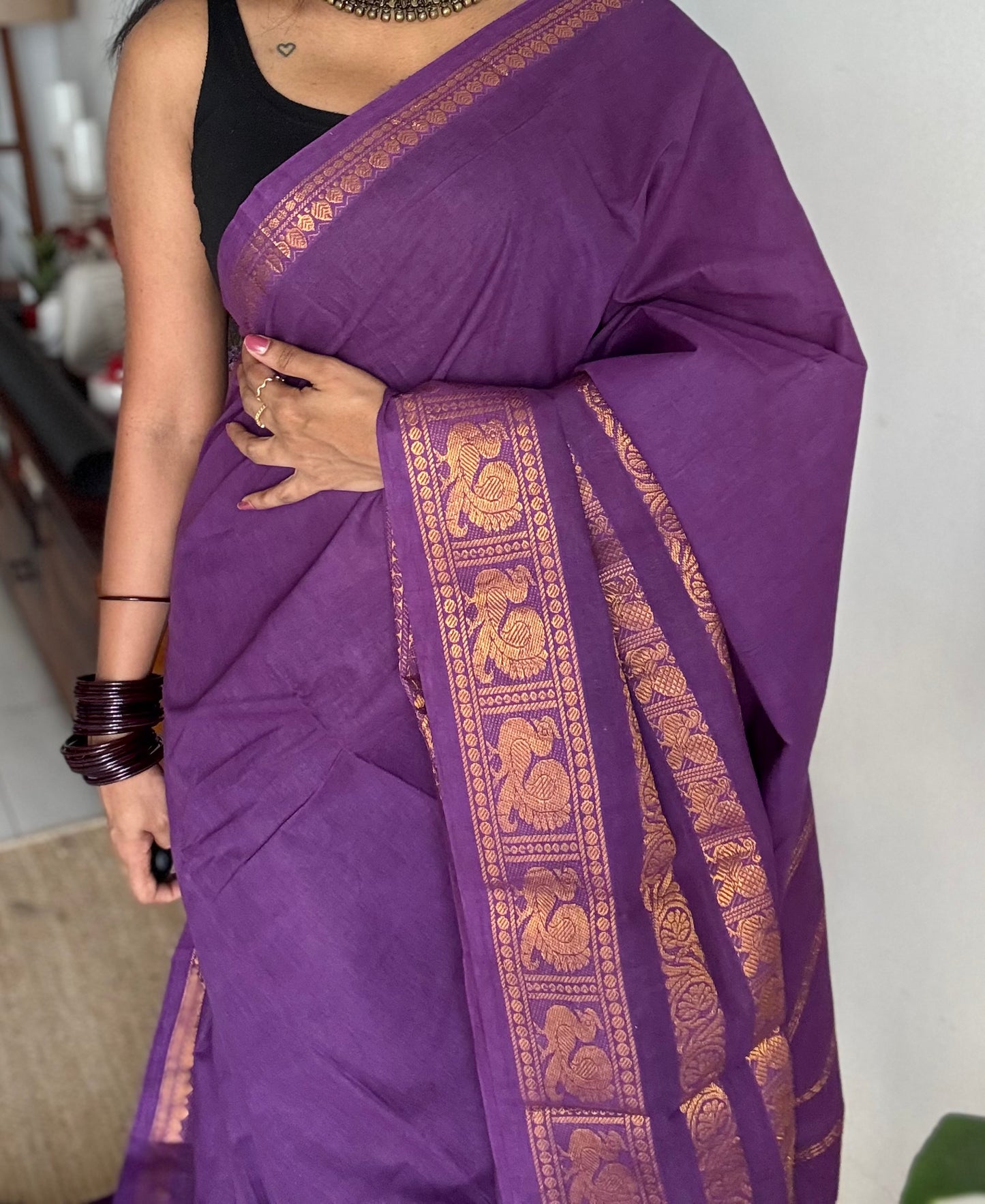 Purple long border sungudi, kattuchayam dyed madurai cotton - YCCOTNMSAP133