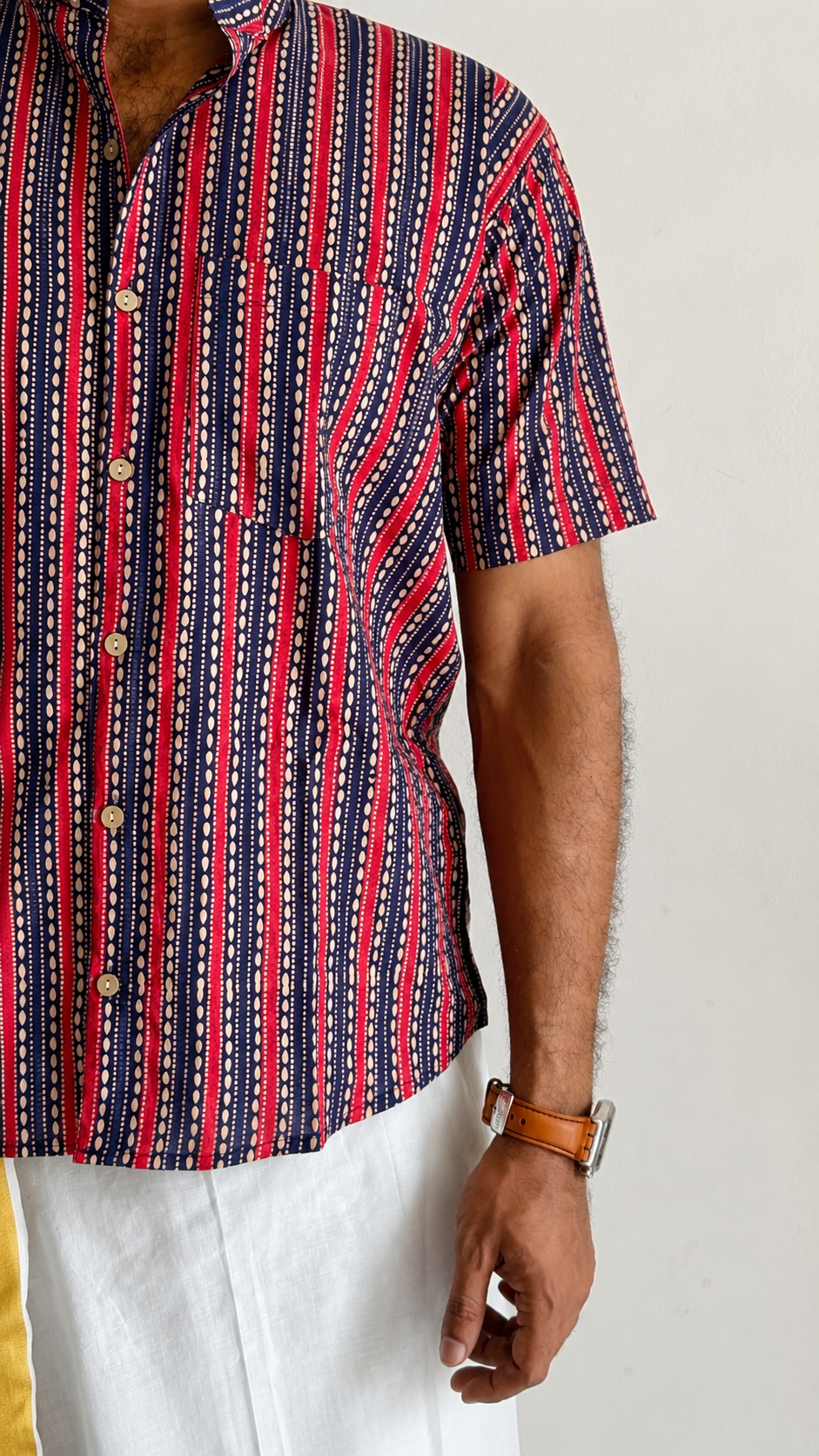 Dark Blue & Red Striped Block Printed Cotton Men's Half Sleeve Mandarin Collar Kurta Shirt - YCMSEIE185