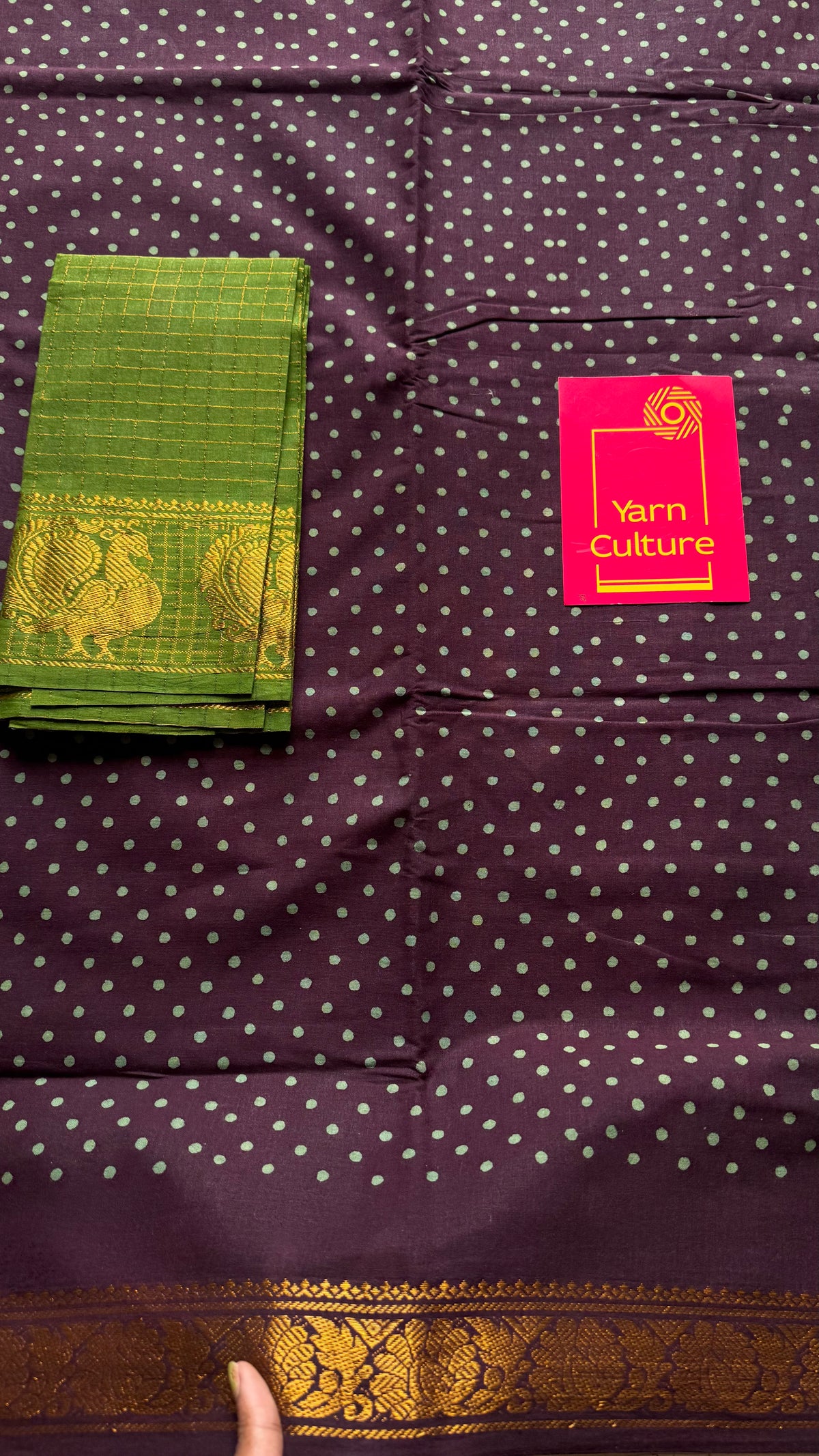 Purple brown sungudi dotted, single-side border, kattuchayam dyed madurai cotton saree - YCCOTNMSSE06
