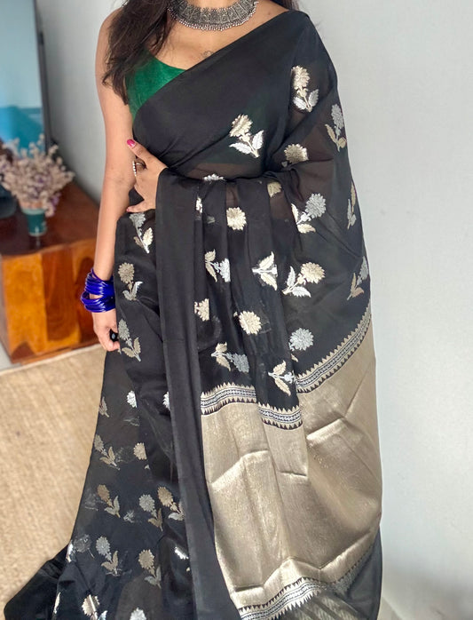 Black with gold and silver floral buttas, Banarasi semi-crepe silk - YCDESE49