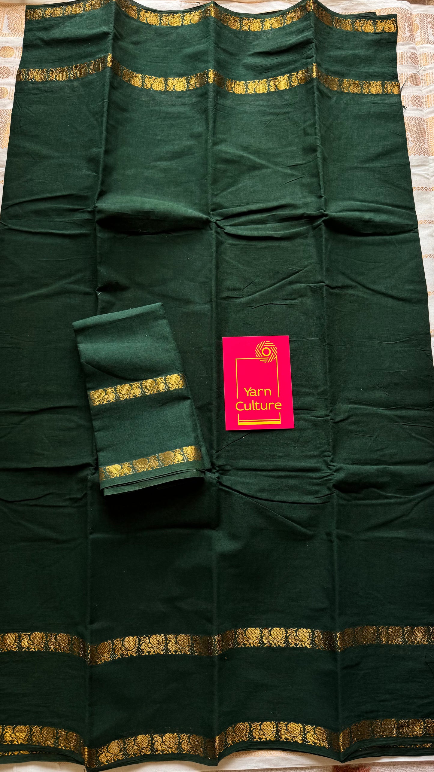 Dark green rettaipettu peacock double bordered, kattuchayam dyed madurai cotton saree - YCCOTNMA255