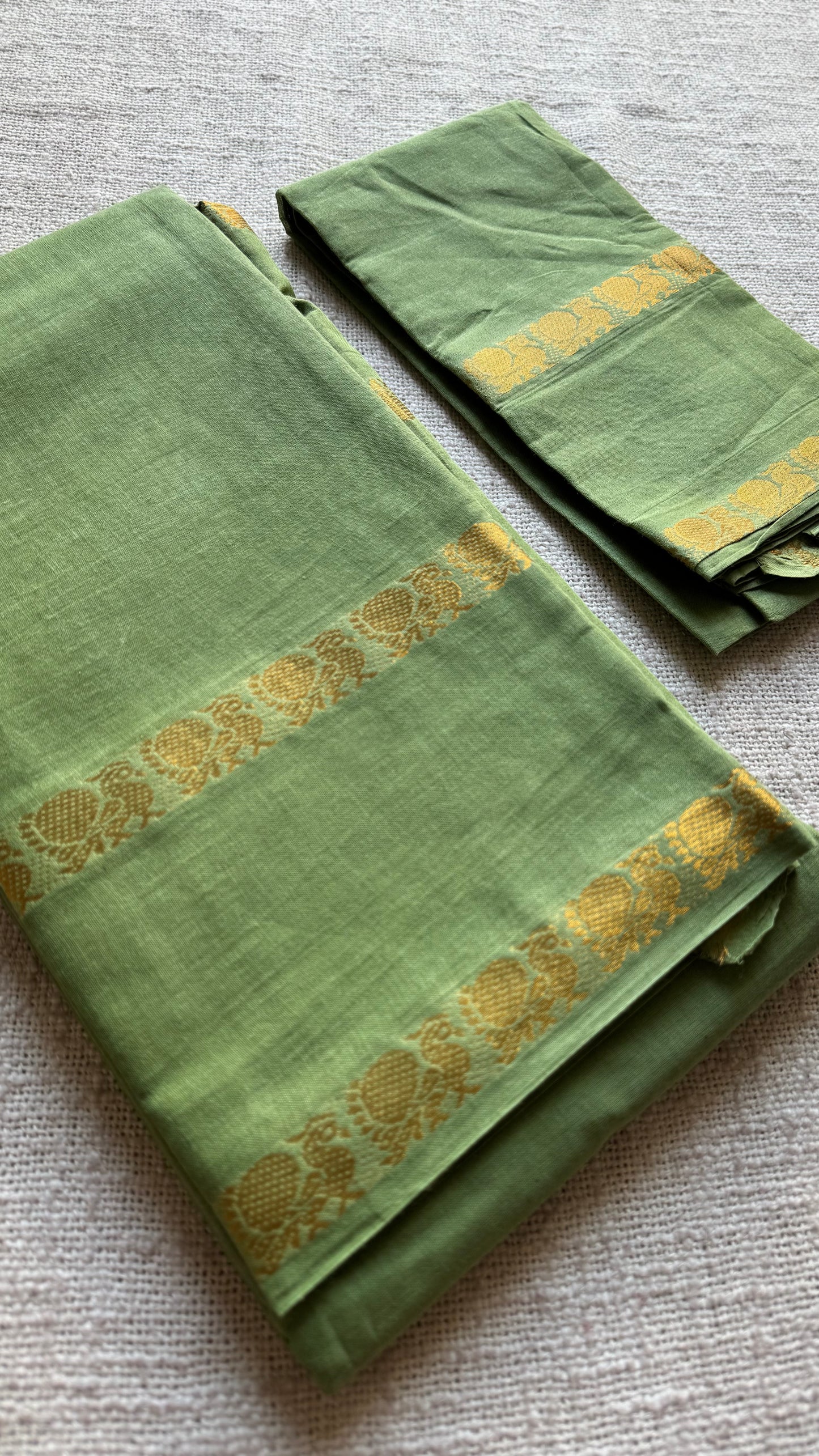 Sage green rettaipettu peacock double bordered, kattuchayam dyed madurai cotton saree - YCCOTNMSFE272
