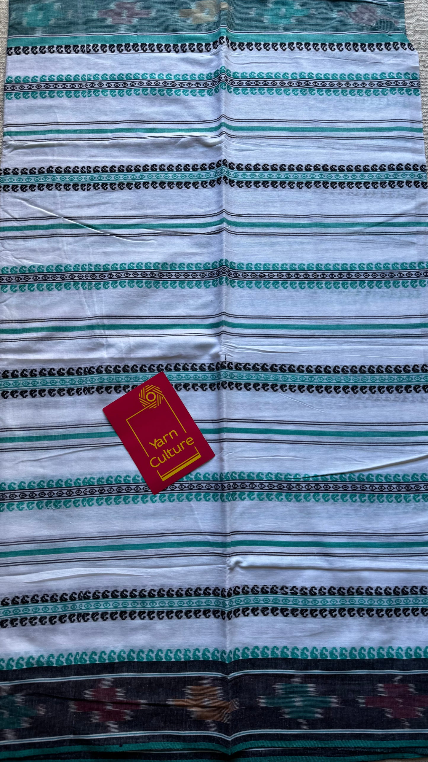 Dhonekhali handloom soft cotton saree, white with turquoise and black woven stripes, Ikkat border- YCBCDFE247