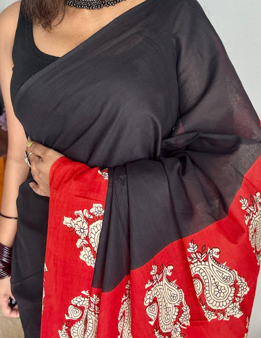 Black with red floral one sided border, soft cotton saree - YCTORCMA05