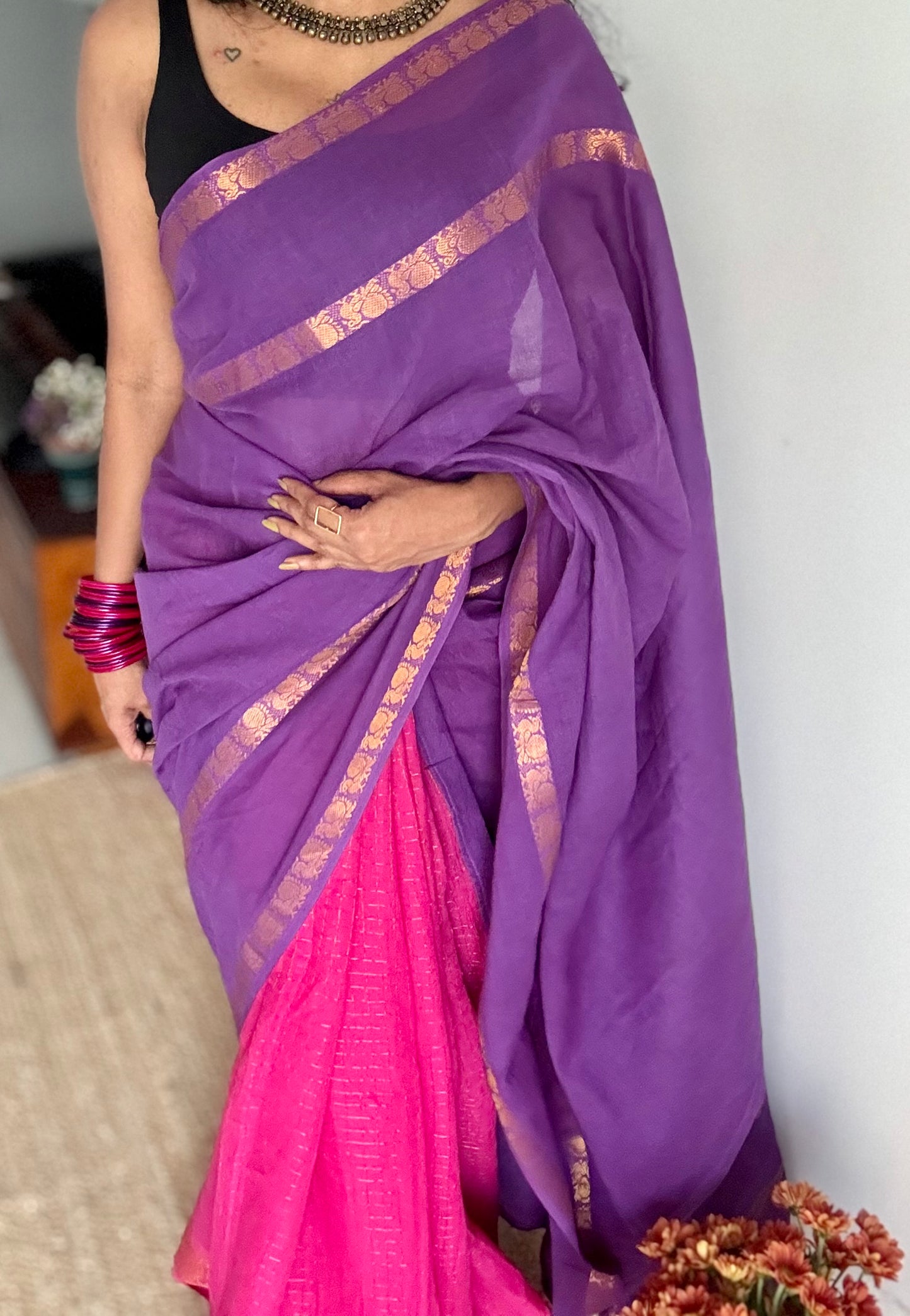 Alli (அல்லி) : purple with pink, sungudi cotton - YCENOID02