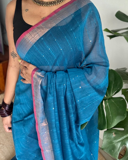 Peacock blue mul cotton saree with sequins and zari border - YCBCMCSE31