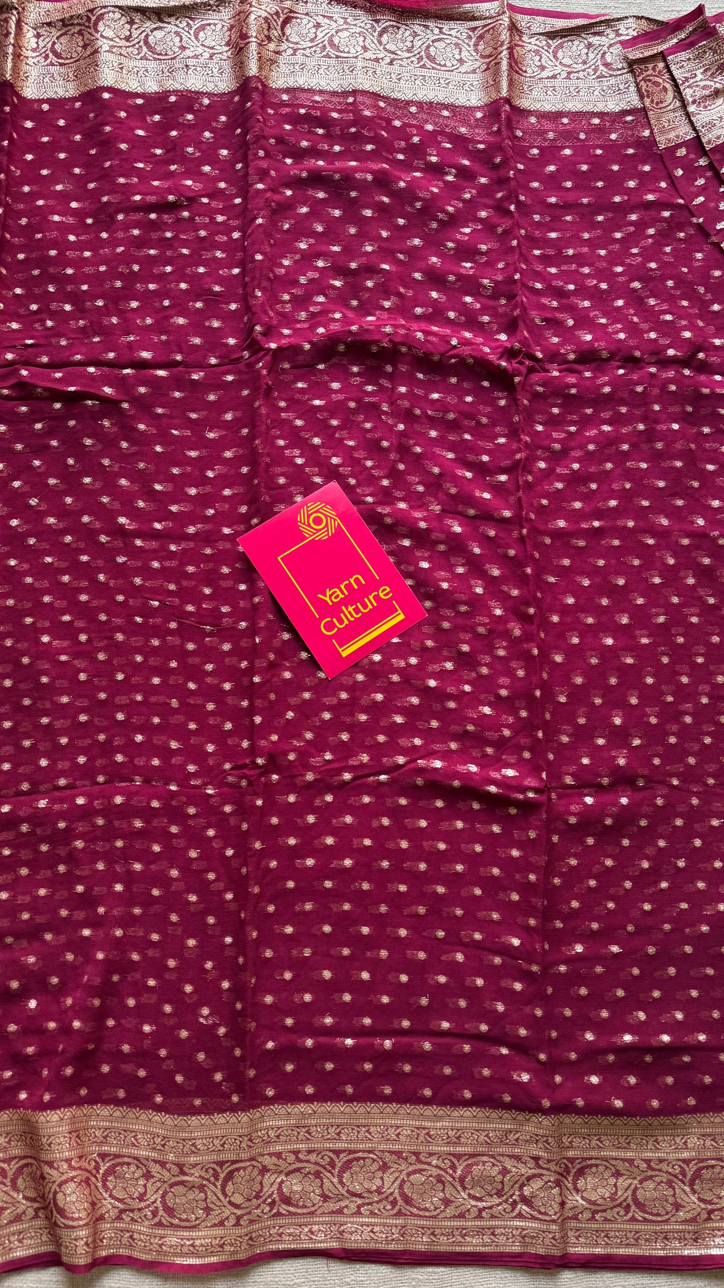 Ruby red viscose georgette saree with zari motifs - YCDOSFE203