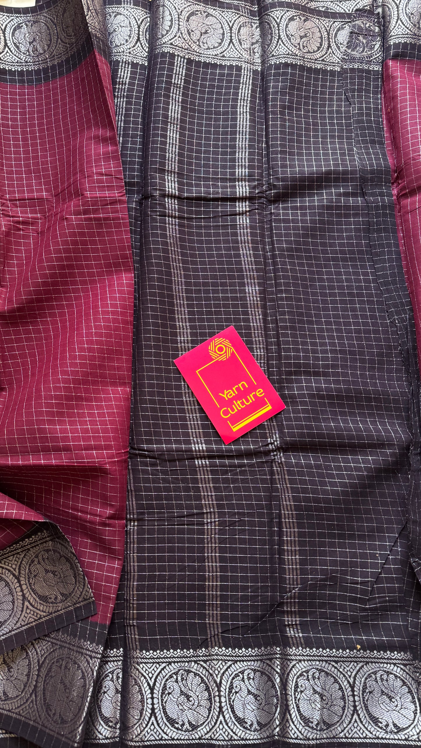 Dark wine with black, silver zari checkered sungudi, kattuchayam dyed madurai cotton - YCCOTNMSAP103