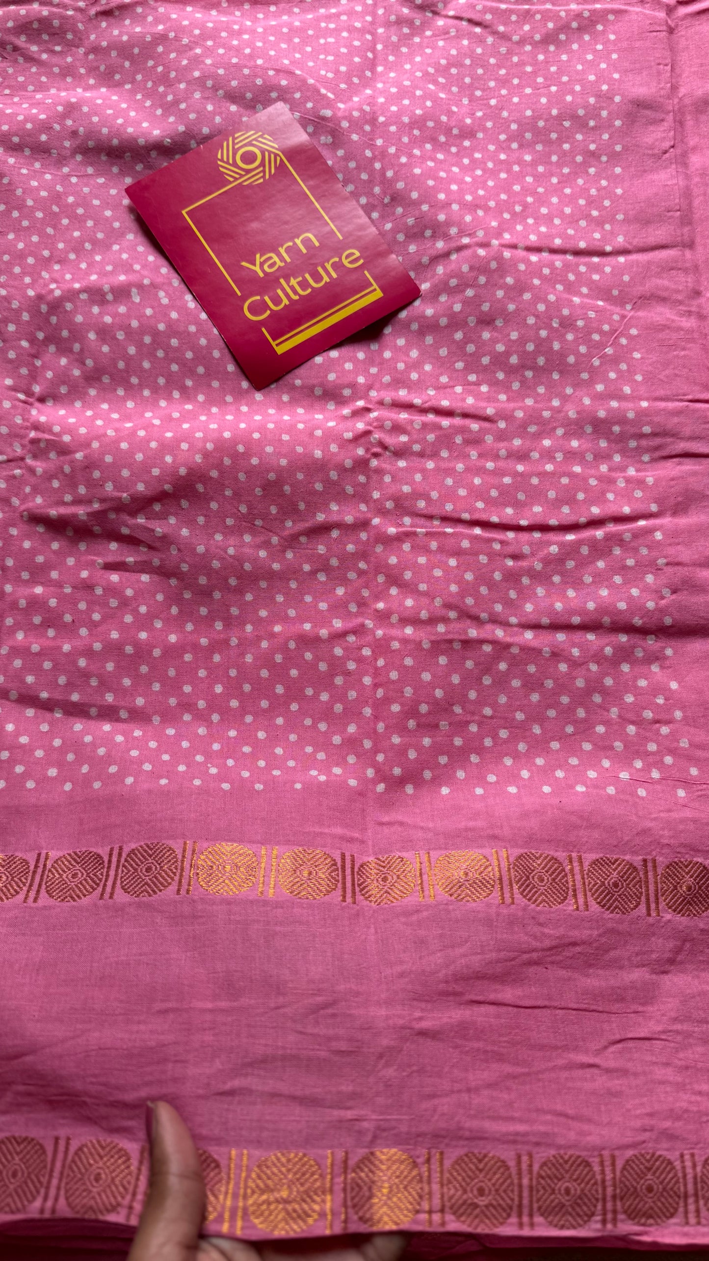 Pink wax dot printed sungudi, kattuchayam dyed madurai cotton saree - YCCOTNMA279