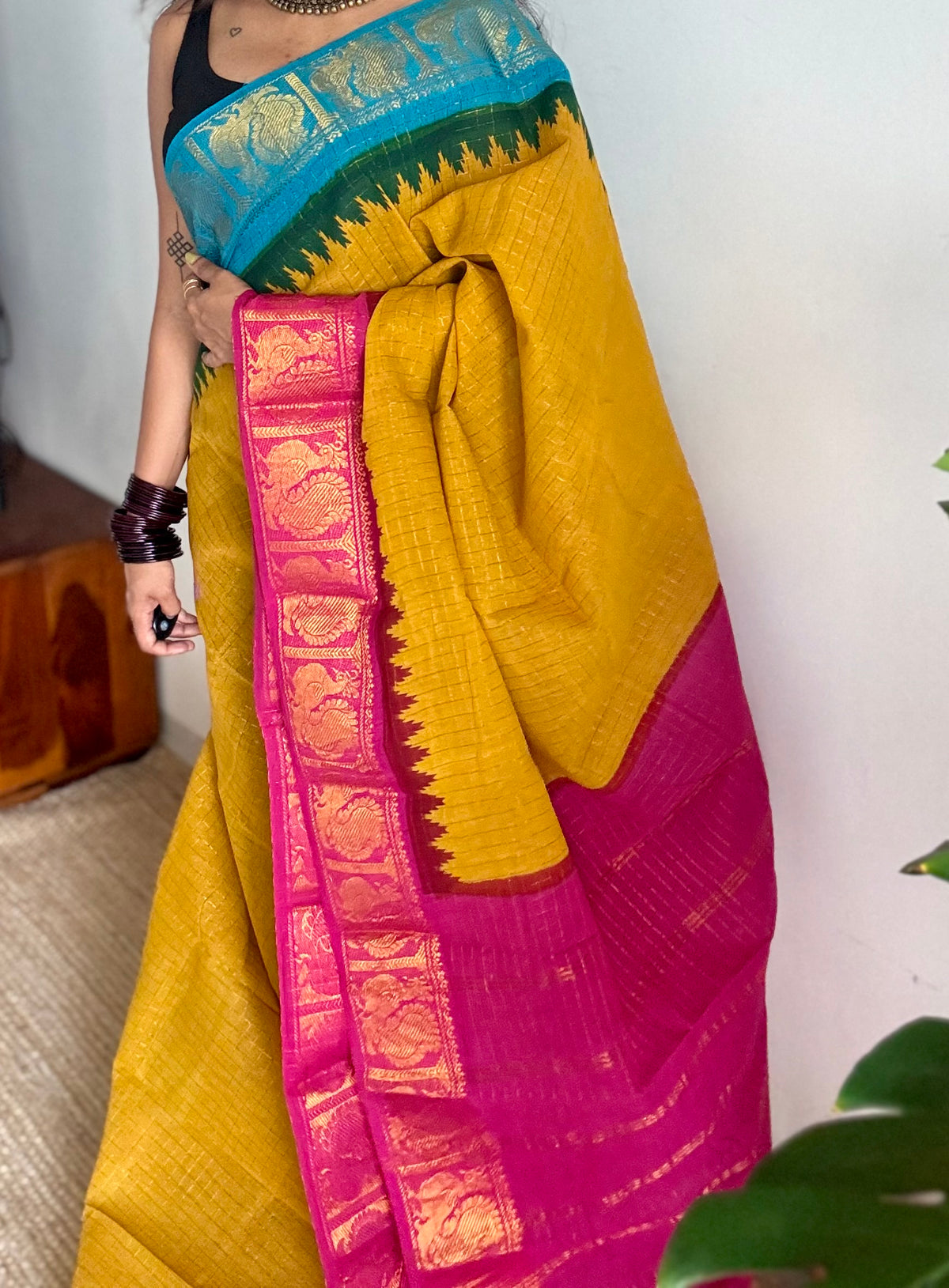 Sungudi cotton checks, mustard yellow base, blue and hot pink dual tone border, soft cotton - YCCOTNMSSE10