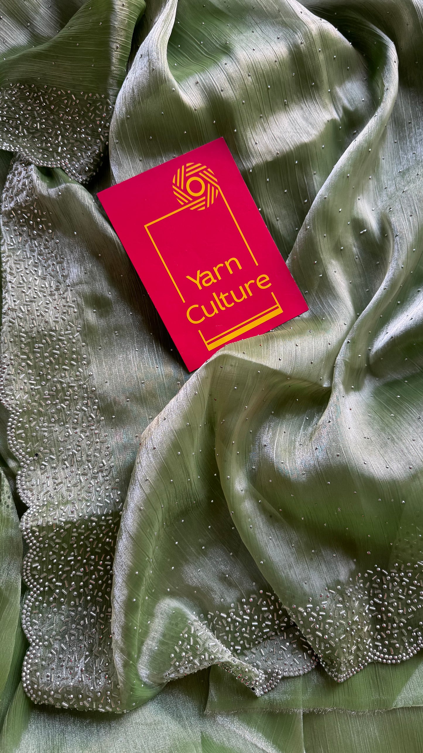 Minty Glimmer - pastel mint green dual tone space silk, jarkhan stone work - YCDOSNO38