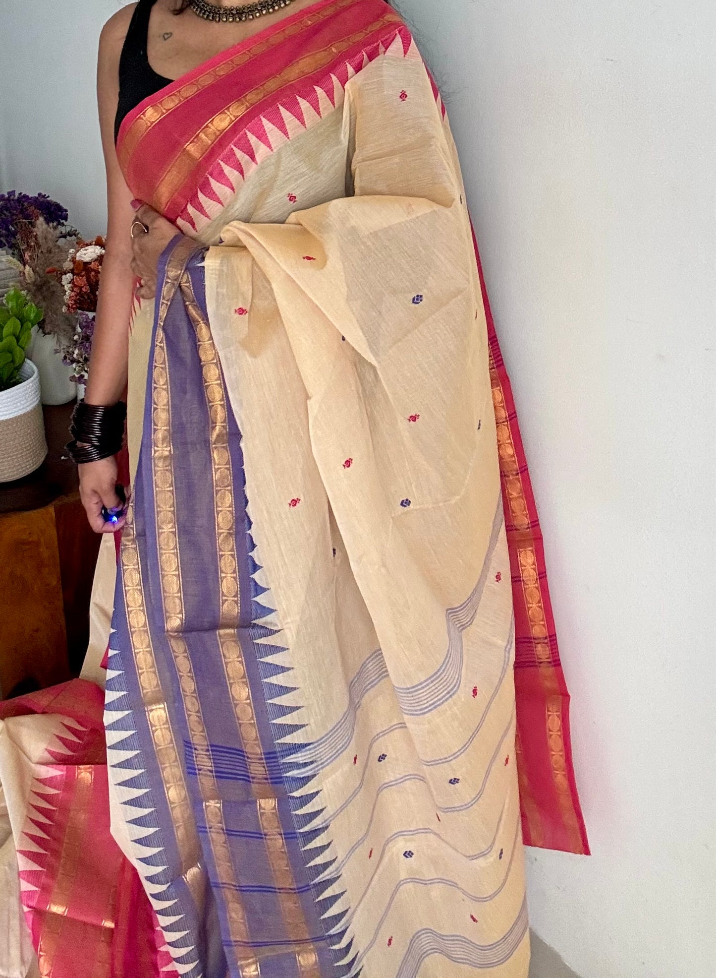 Kanchi cotton saree, cream with light red and violet dual border - YCCOTNAP99
