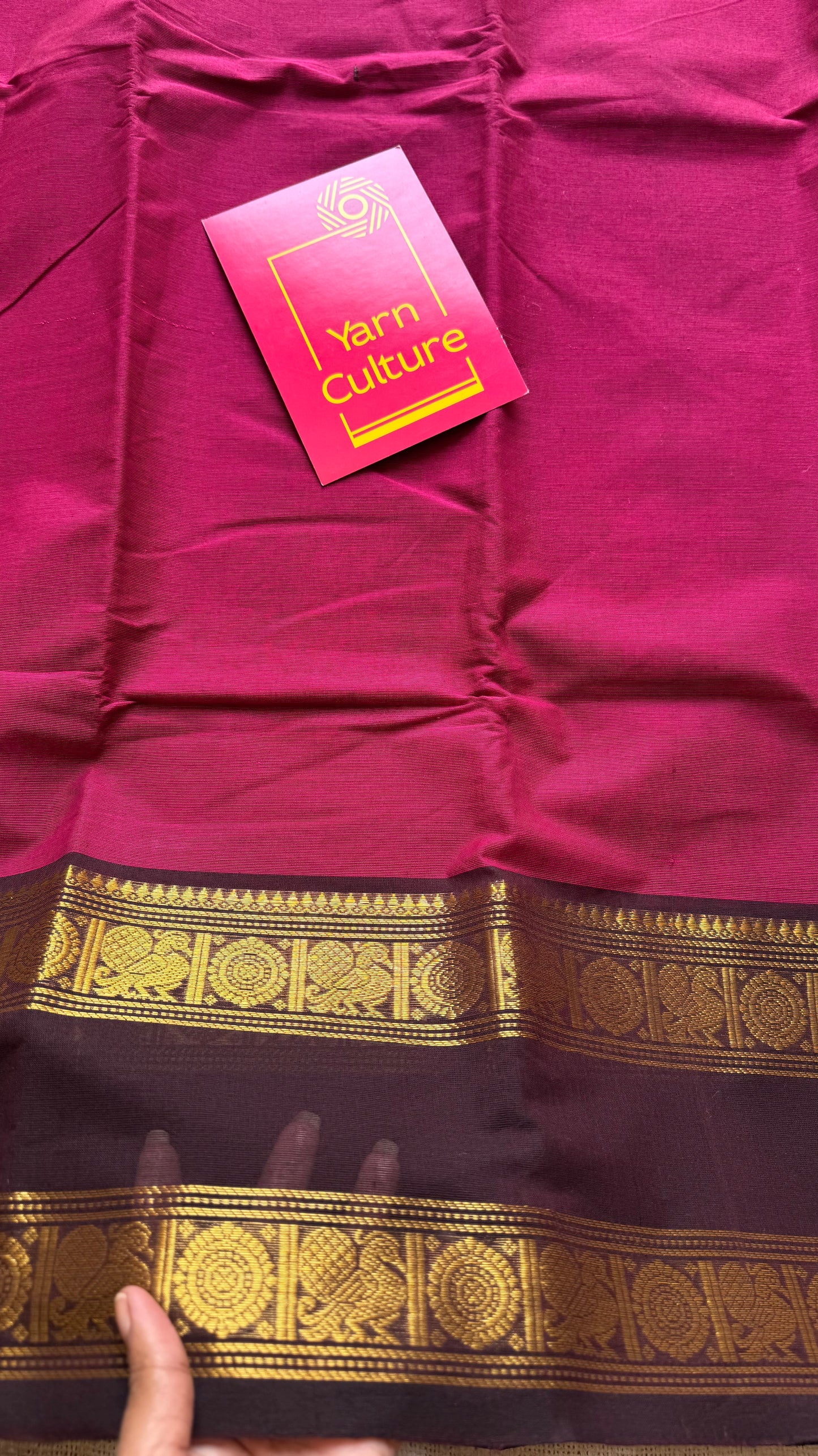 Dark pink with dark brown Chettinad cotton saree with rettaipettu peacock border - YCCOTNCCFE157