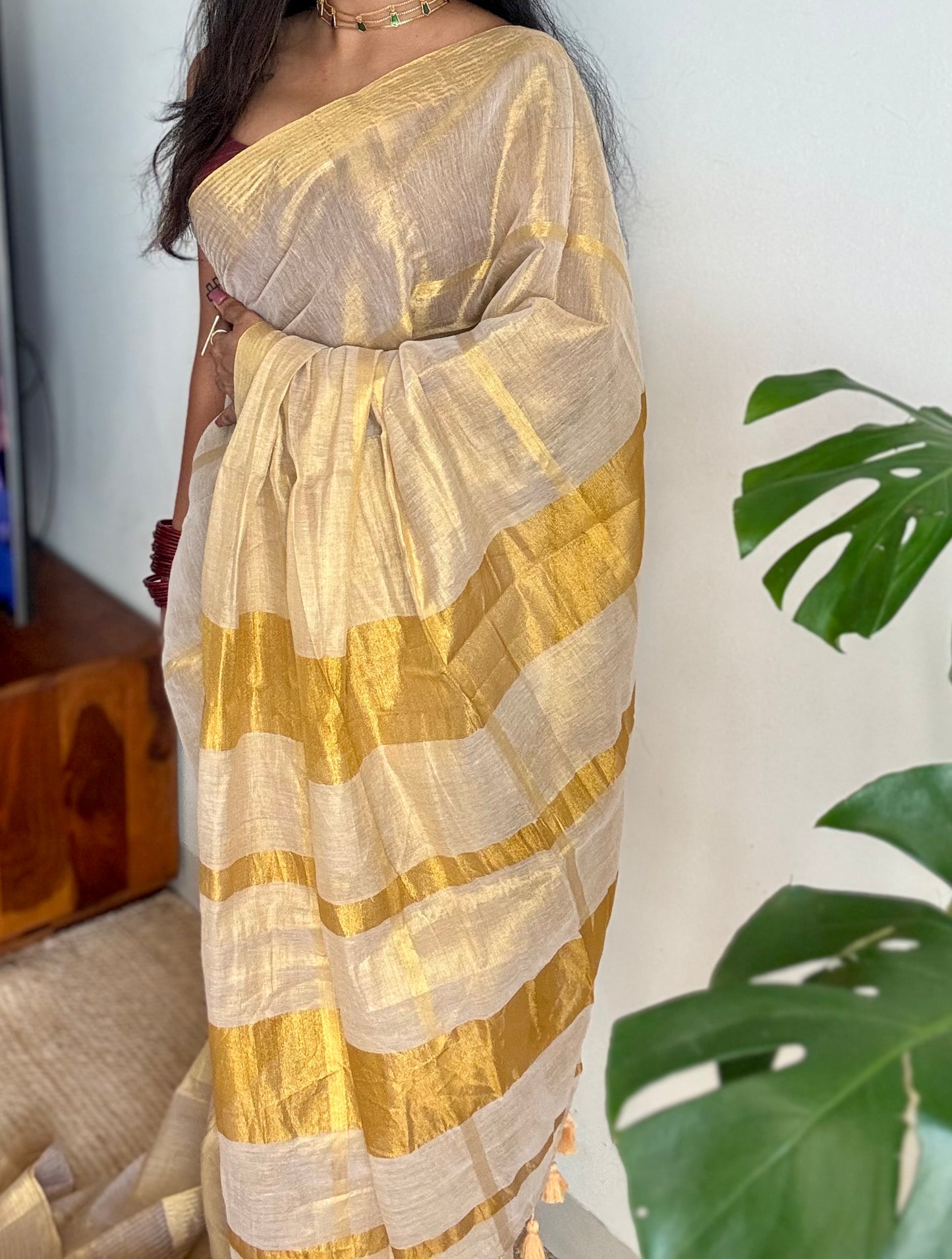 Gold mul tissue saree, gold stripes - YCIEON06