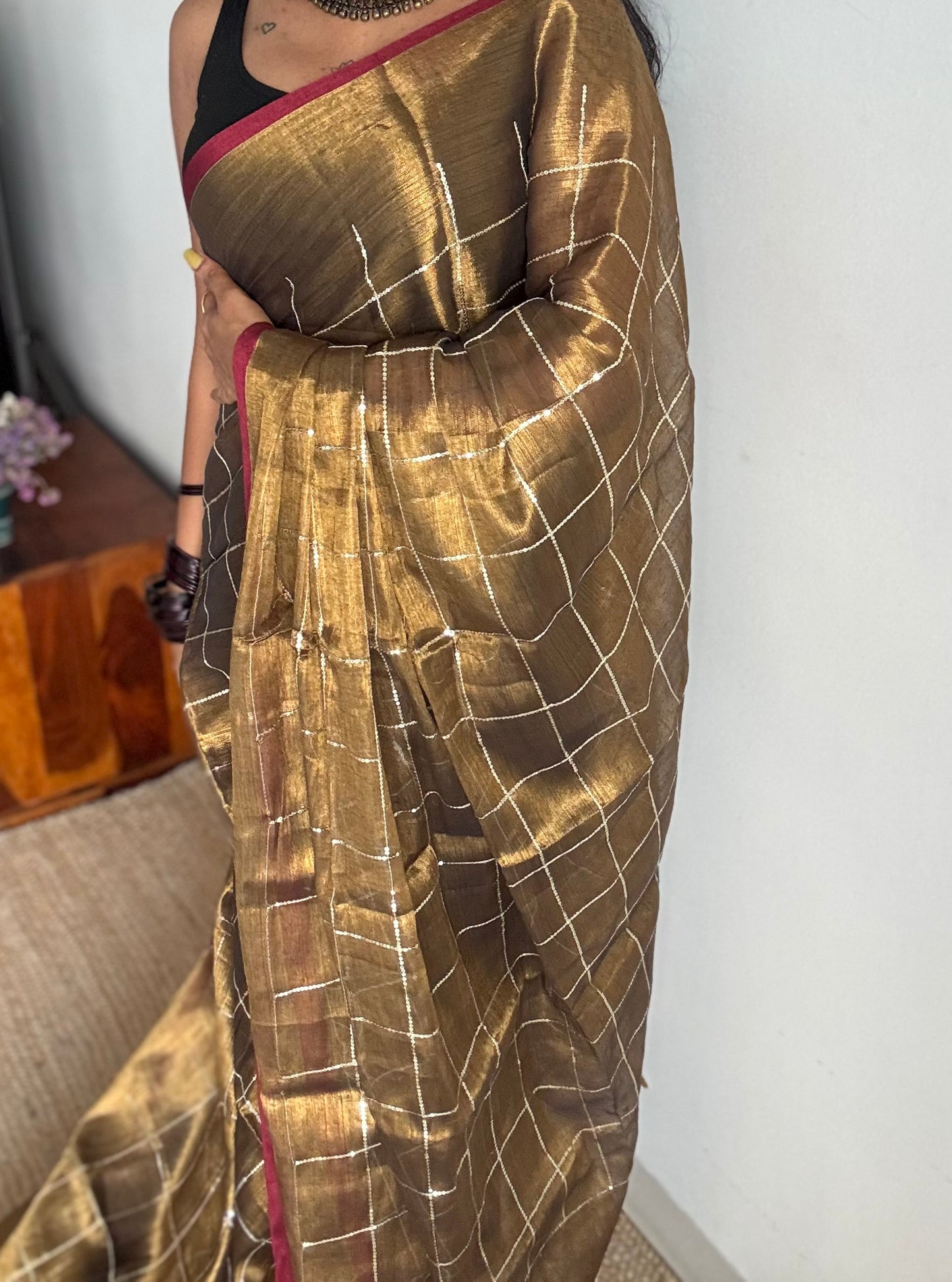 Bronze with maroon border, checkered sequins work, mul tissue - YCBCMCJA12