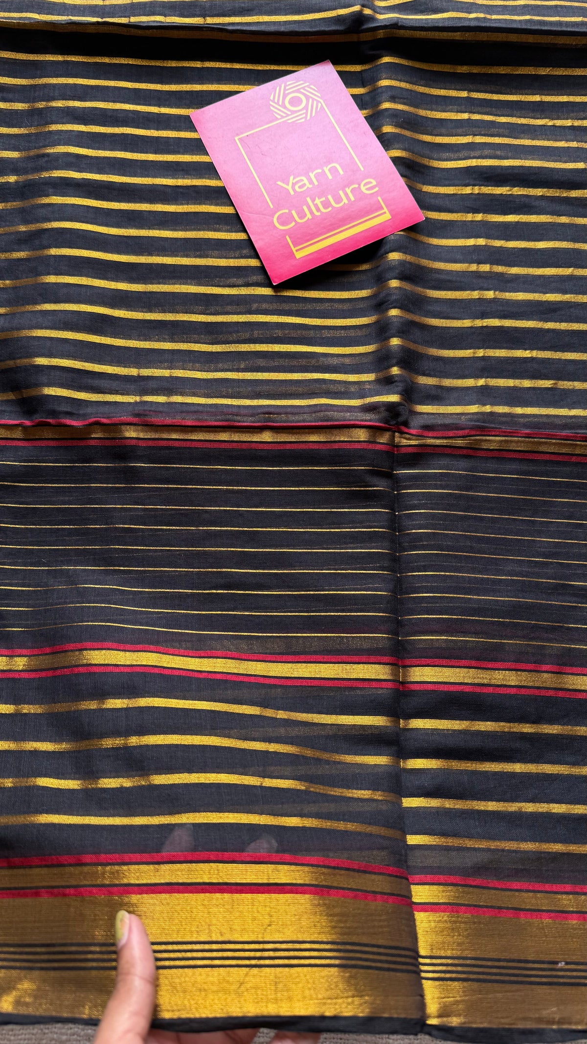 Black mul cotton saree with gold and maroon zari stripes - YCBCMCSE27