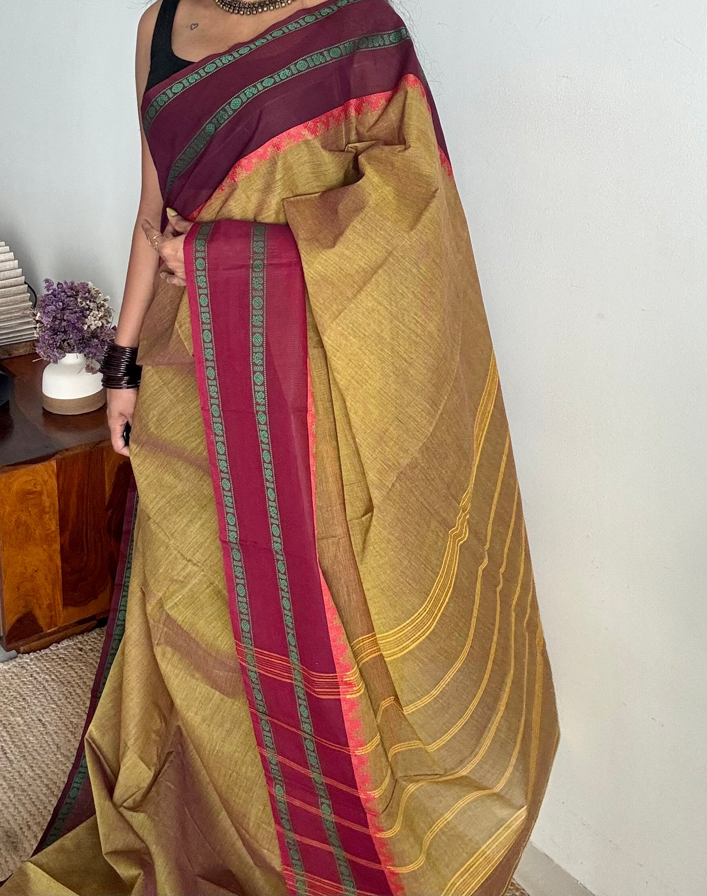 Chettinad cotton saree in ginger green with wine and maroon thread borders - YCCOTNJUCC12