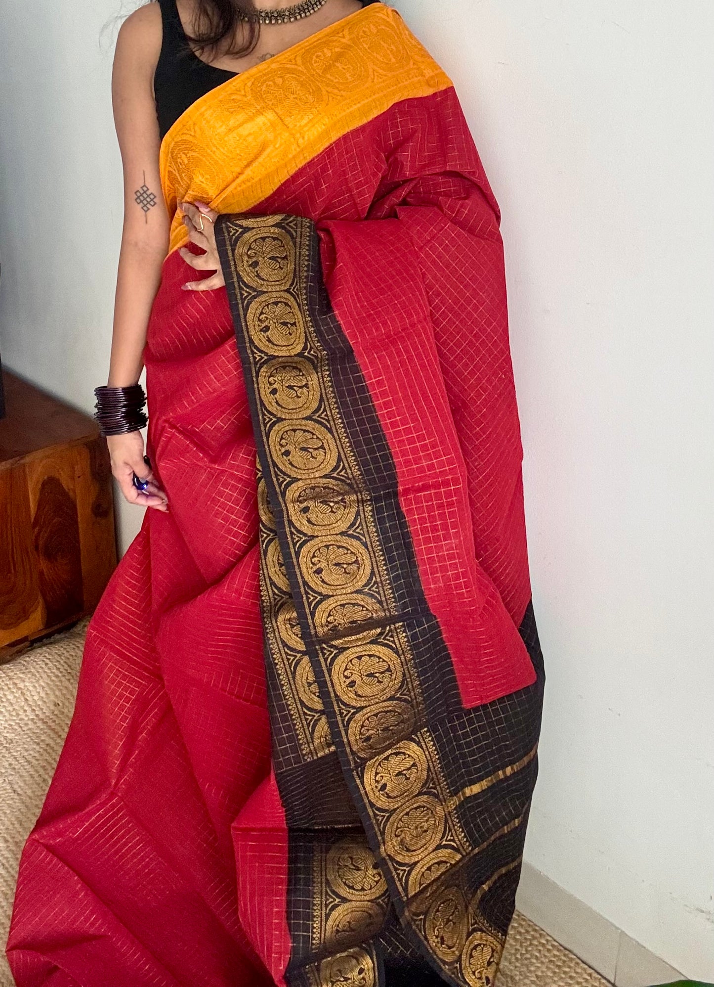 Sungudi cotton checks, red base, yellow and black dual tone border, soft cotton - YCCOTNMSJUL10