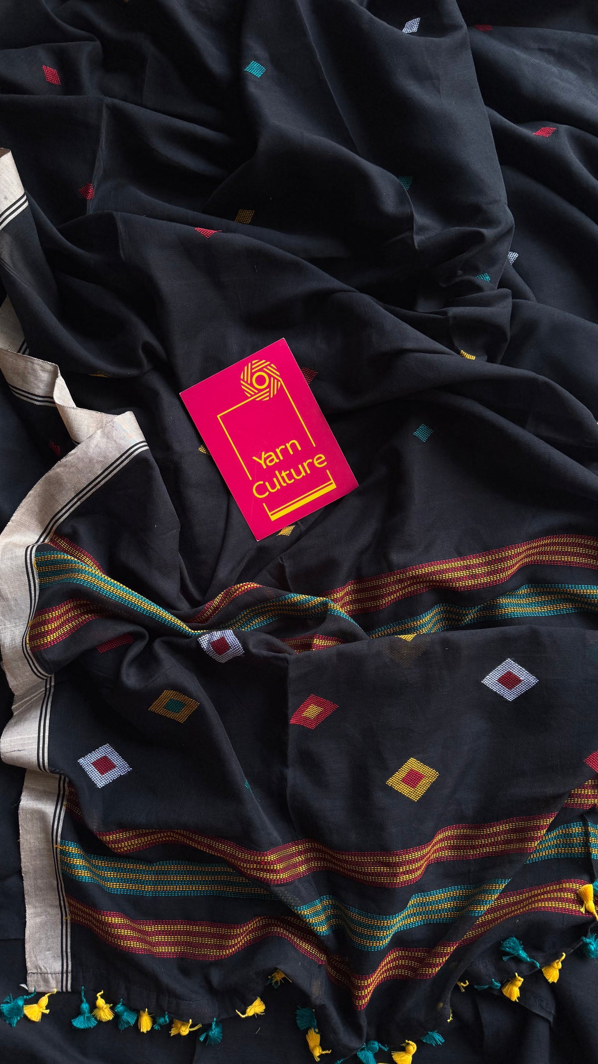 Handloom Bengal soft cotton saree, black with woven buttas and beige borders - YCBCMCSE37