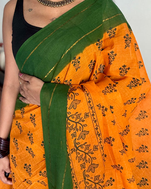 Mango yellow with green contrast, kattuchayam dyed madurai cotton saree - YCCOTNMA245