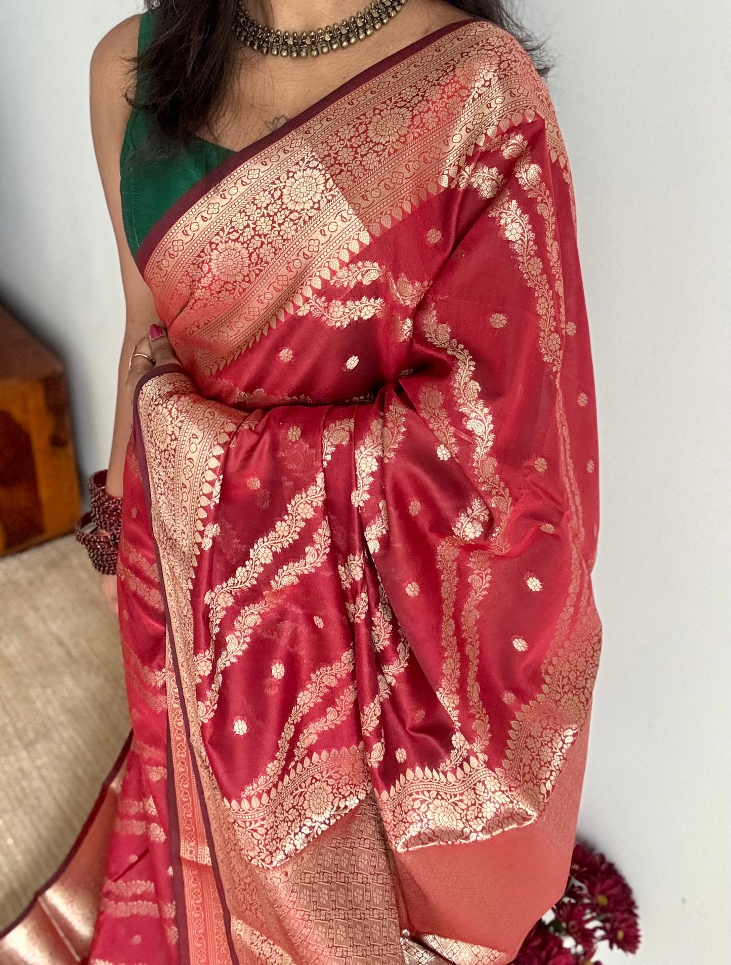 Maroon floral zari, Banarasi semi-georgette - YCDESE13