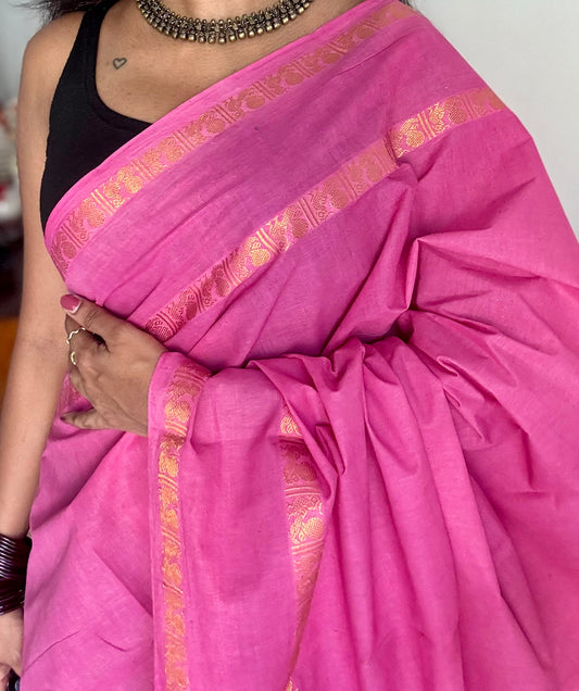 Light pink rettaipettu peacock gap border, kattuchayam dyed madurai cotton saree  - YCCOTNMSAP217