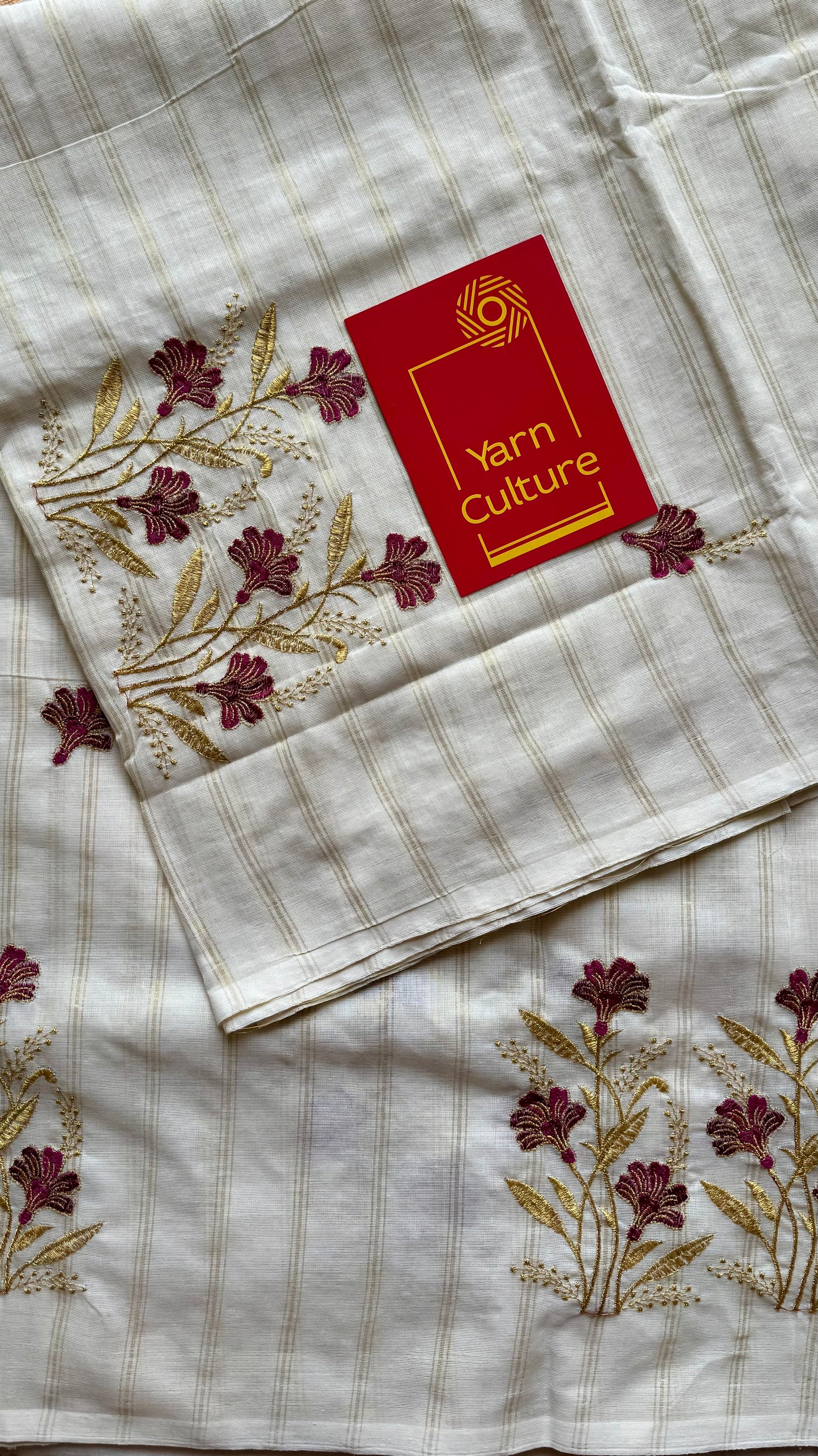 Ivory and gold soft cotton saree, maroon floral embroidery  - YCIEON50