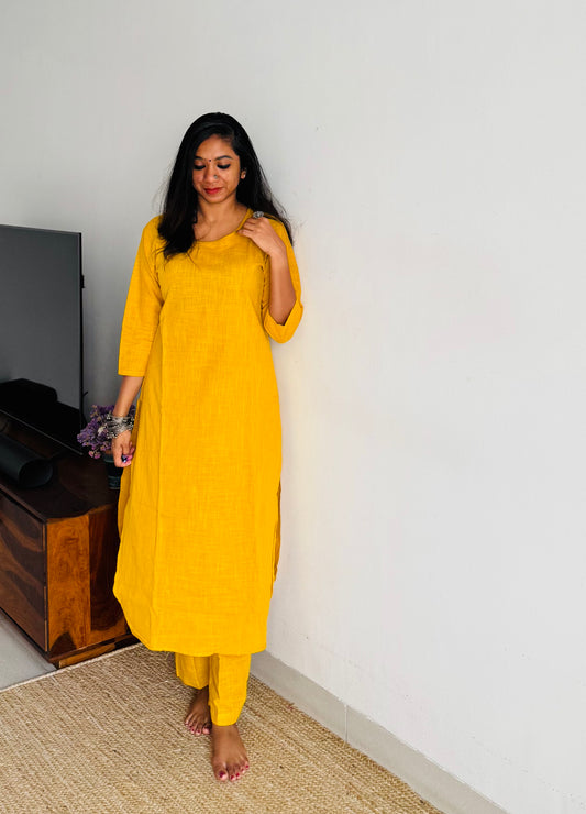 Yellow cotton round-neck stitched kurta co-ord set, three-fourth sleeves - YCSEBPSFE249