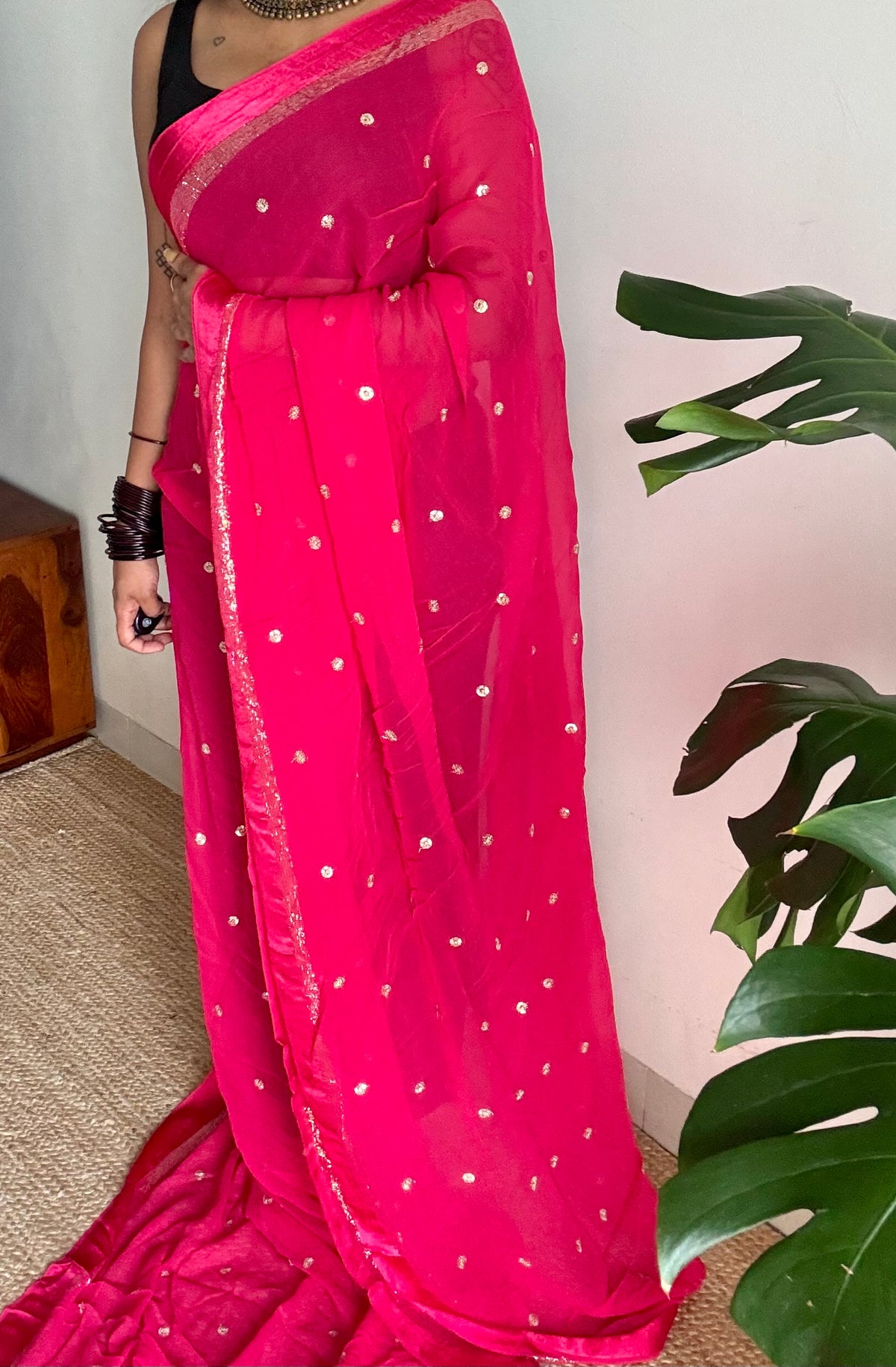 Rani pink viscose georgette saree, gold buttas, satin border - YCDOSOC46