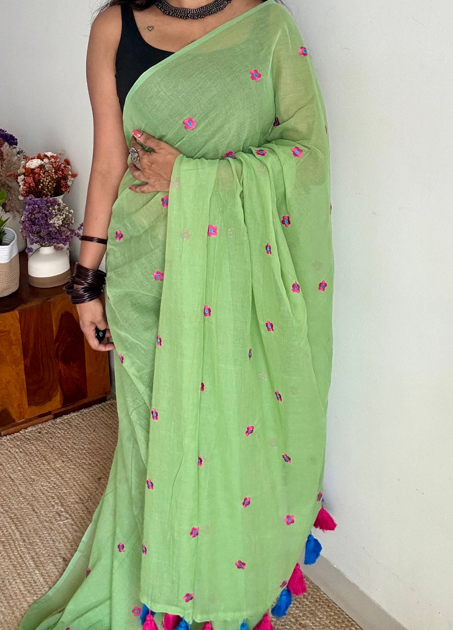 Pista green with dark pink floral embroidered mul cotton saree  - YCBCMCAP48