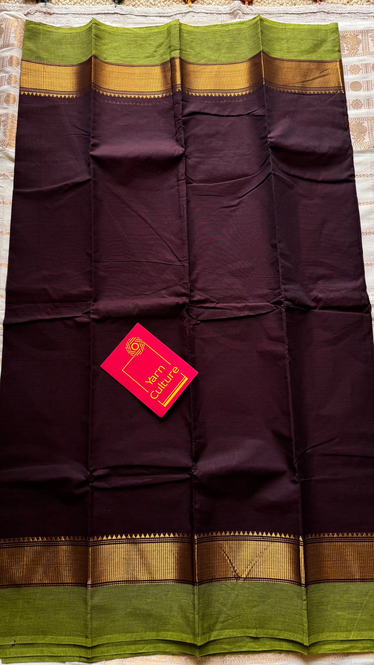 Chettinad cotton saree in brown with green and gold border - YCCOTNJUCC09