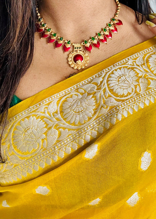 Red palakka pendant neckpiece, with earrings - YCGPNP632