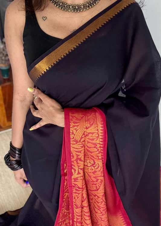 Black with red vanasringaram long border - madurai soft cotton - YCCOTNSEMS70