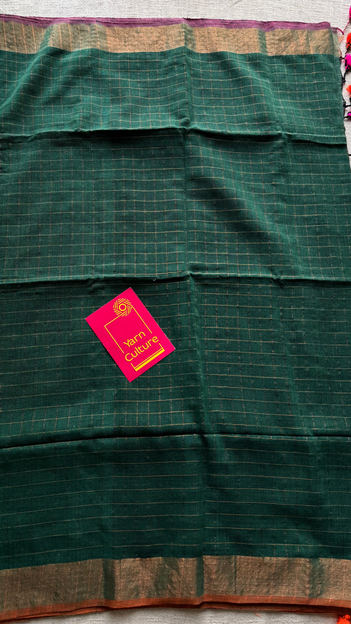 Green linen by cotton saree, gold checks & copper zari pallu - YCBCLCAP56