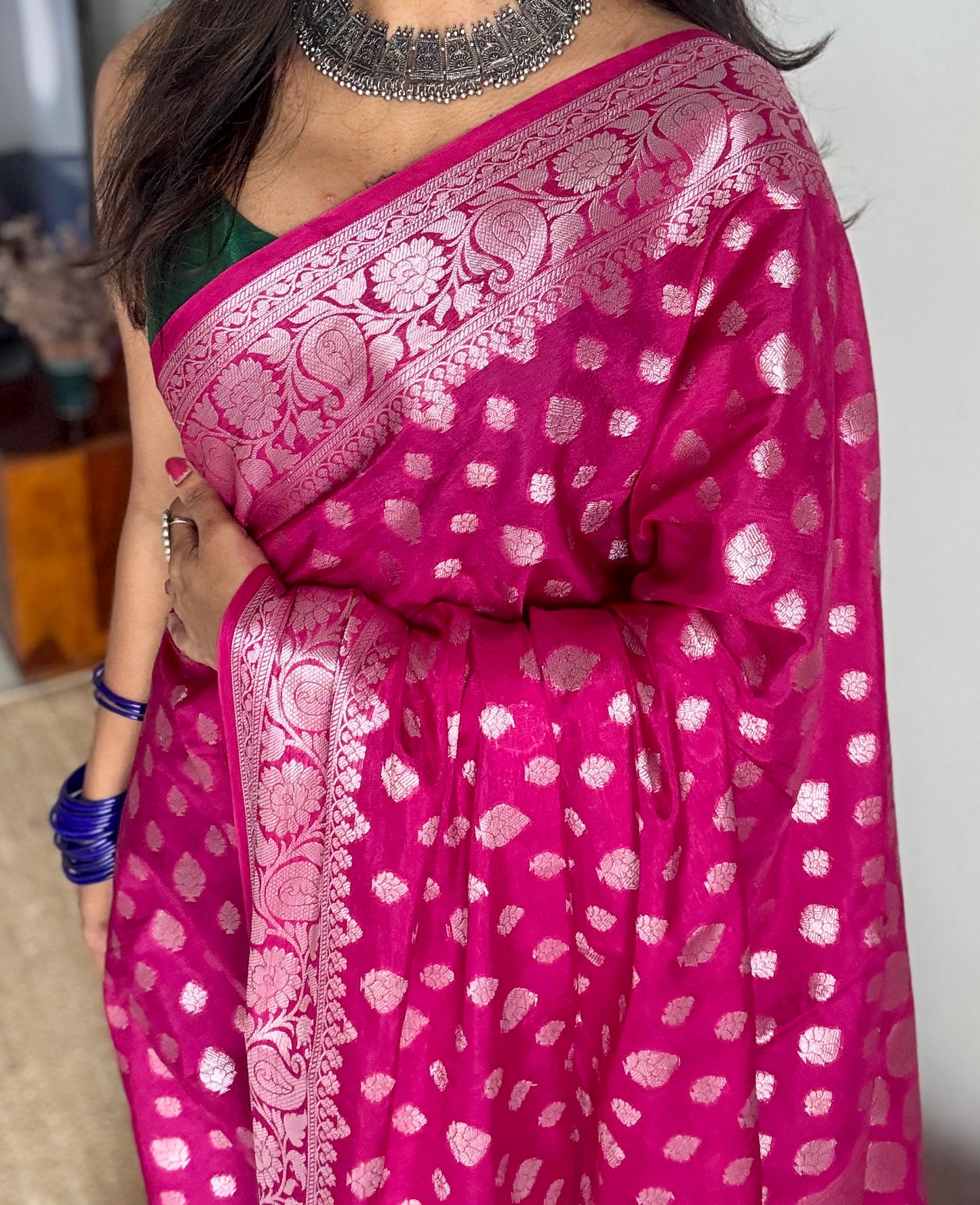 Rani pink, silver buttas and zari, Banarasi semi-silk - YCDESE43