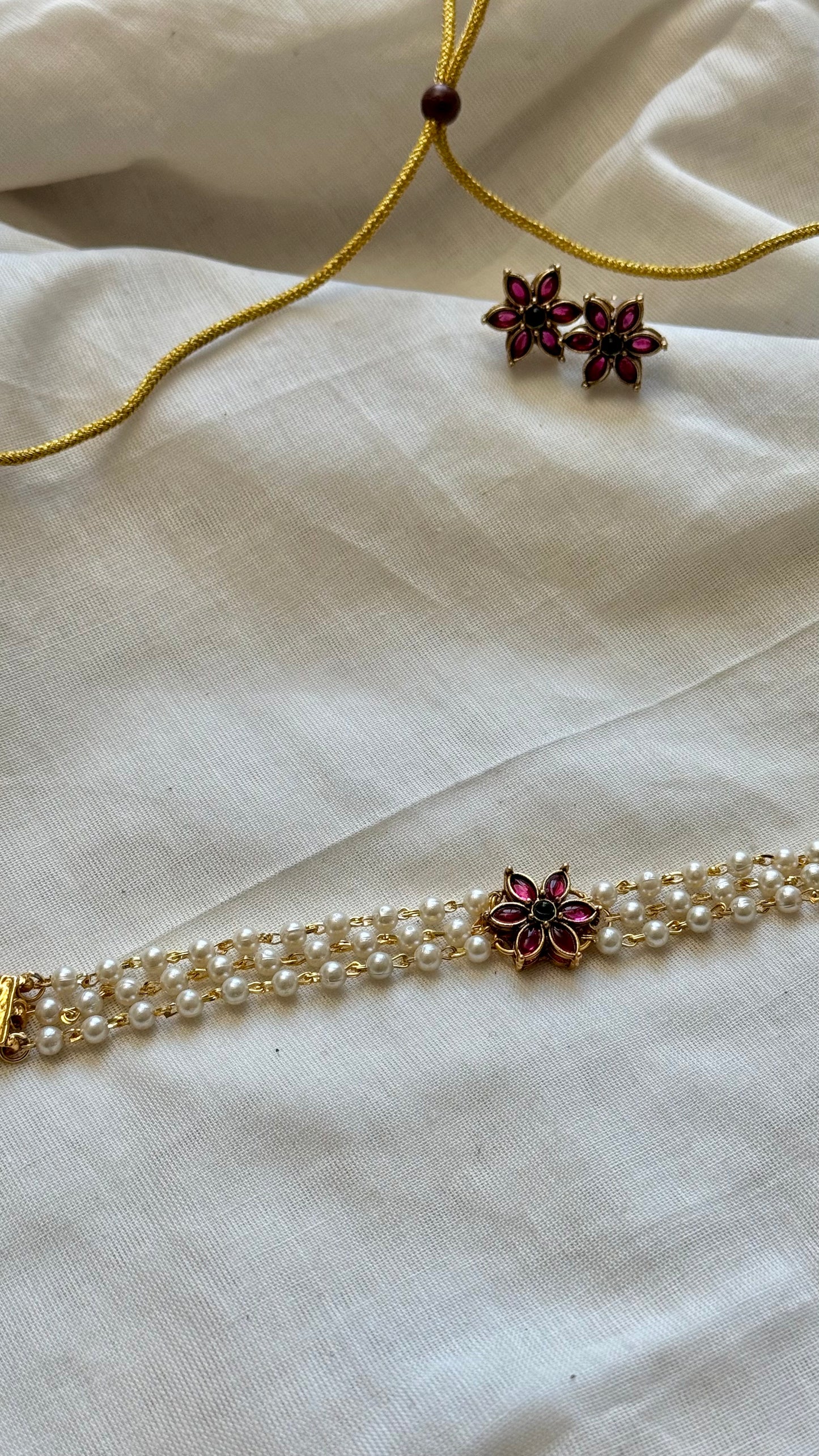 3 layered pearl neckpiece, floral pendant, with earrings - YCGPNP641