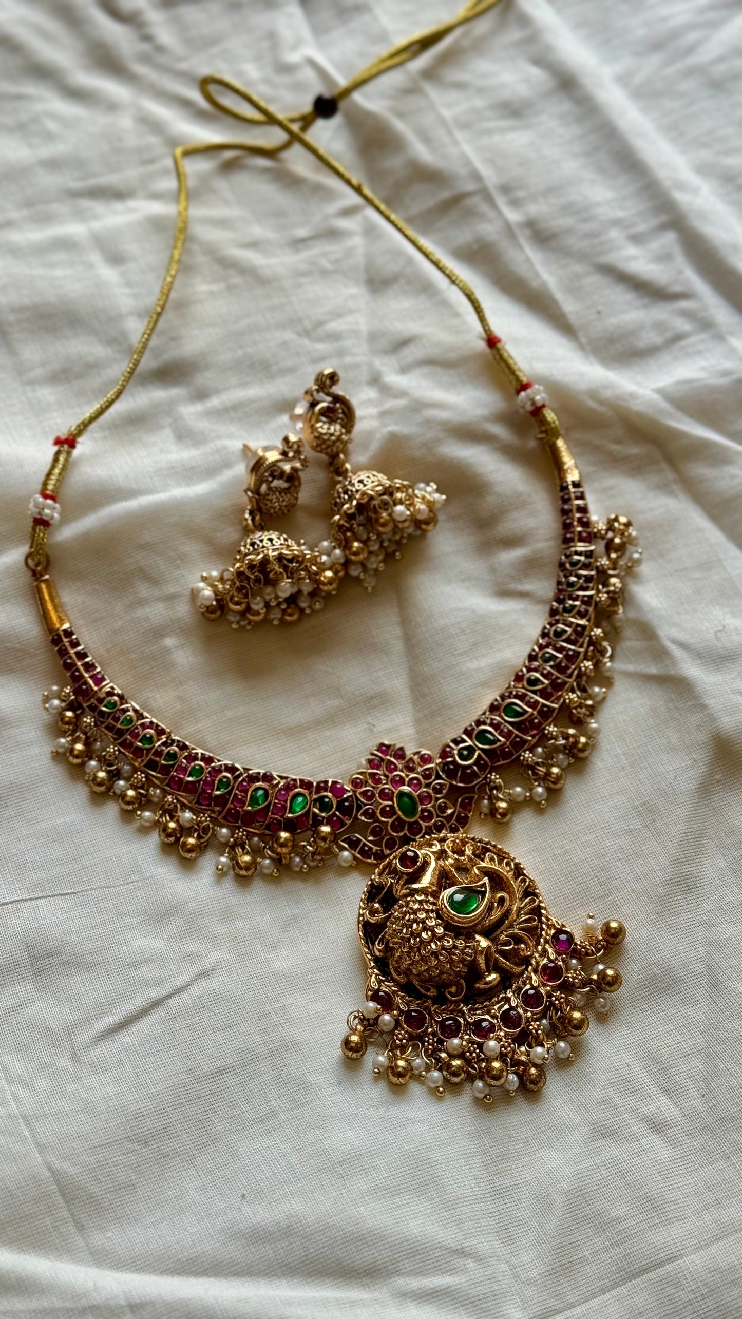 Kemp stones, peacock pendant necklace with jhumkas - YCGPNP469
