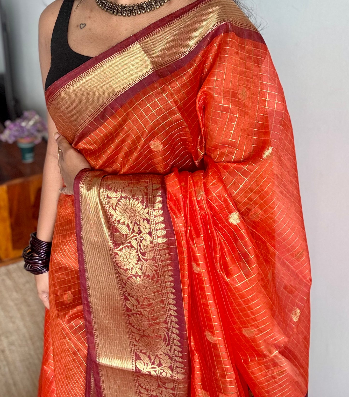 Dark orange with coffee brown, semi tissue silk - YCBLSSJA20