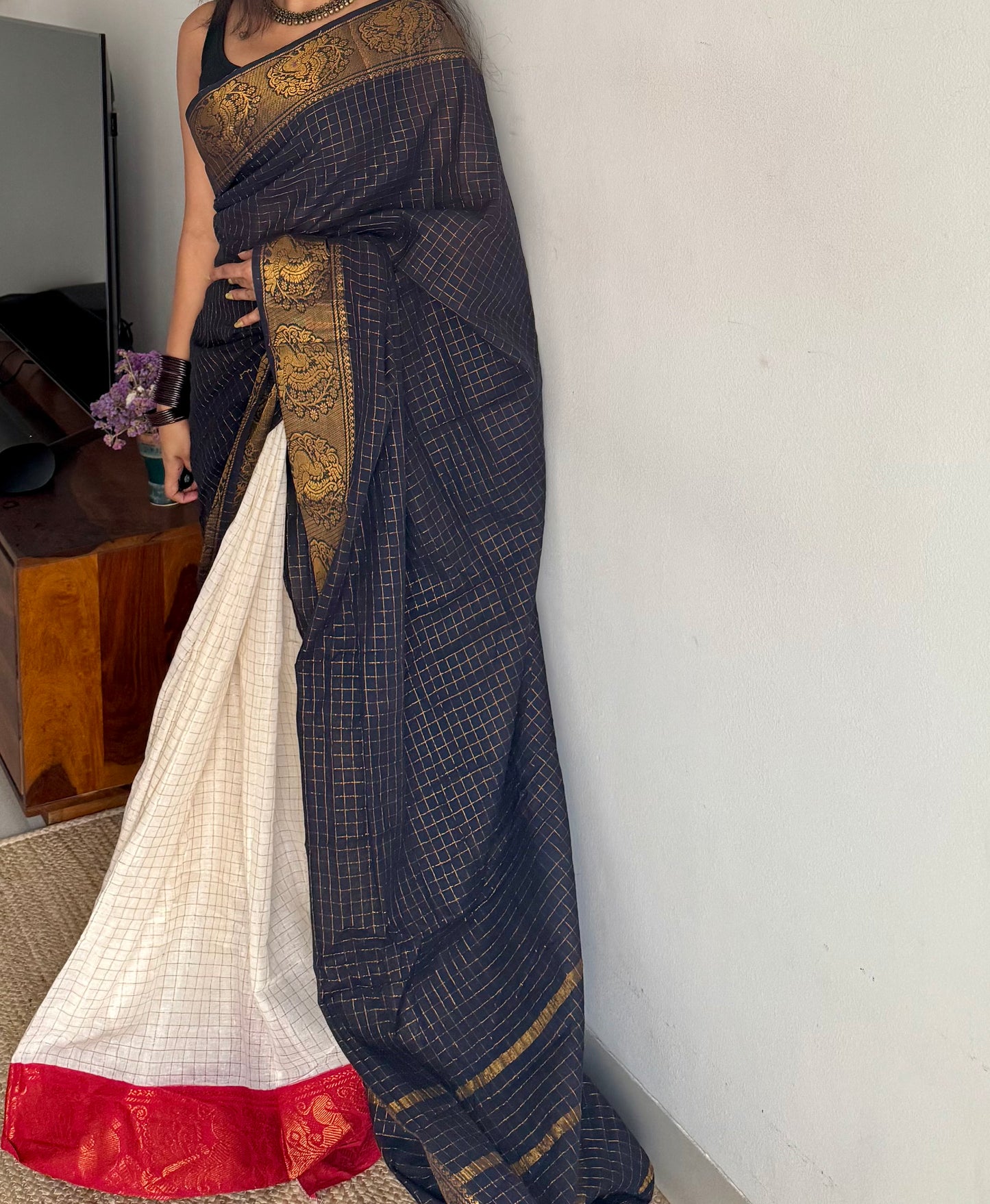 Black with ivory and red, sungudi cotton half-half saree - YCCOTNMSFE374