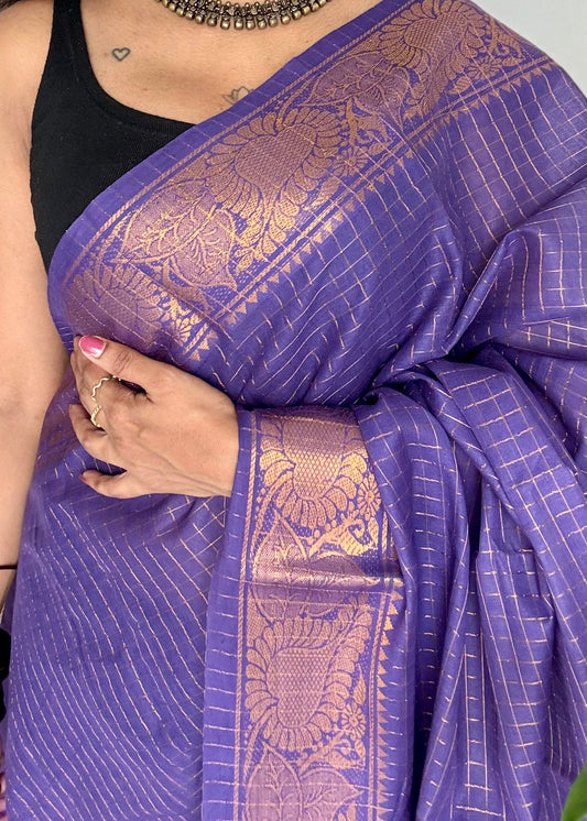Purple zari checkered sungudi, kattuchayam dyed madurai cotton - YCCOTNMSAP118