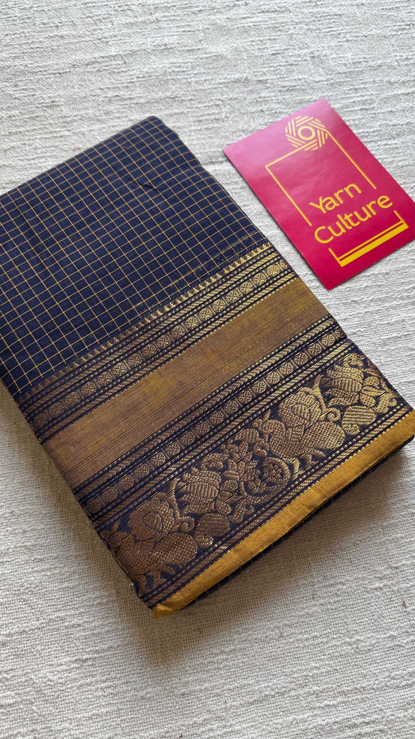 Kanchi cotton saree, dark blue checks with korvai border - YCCOTNAP72