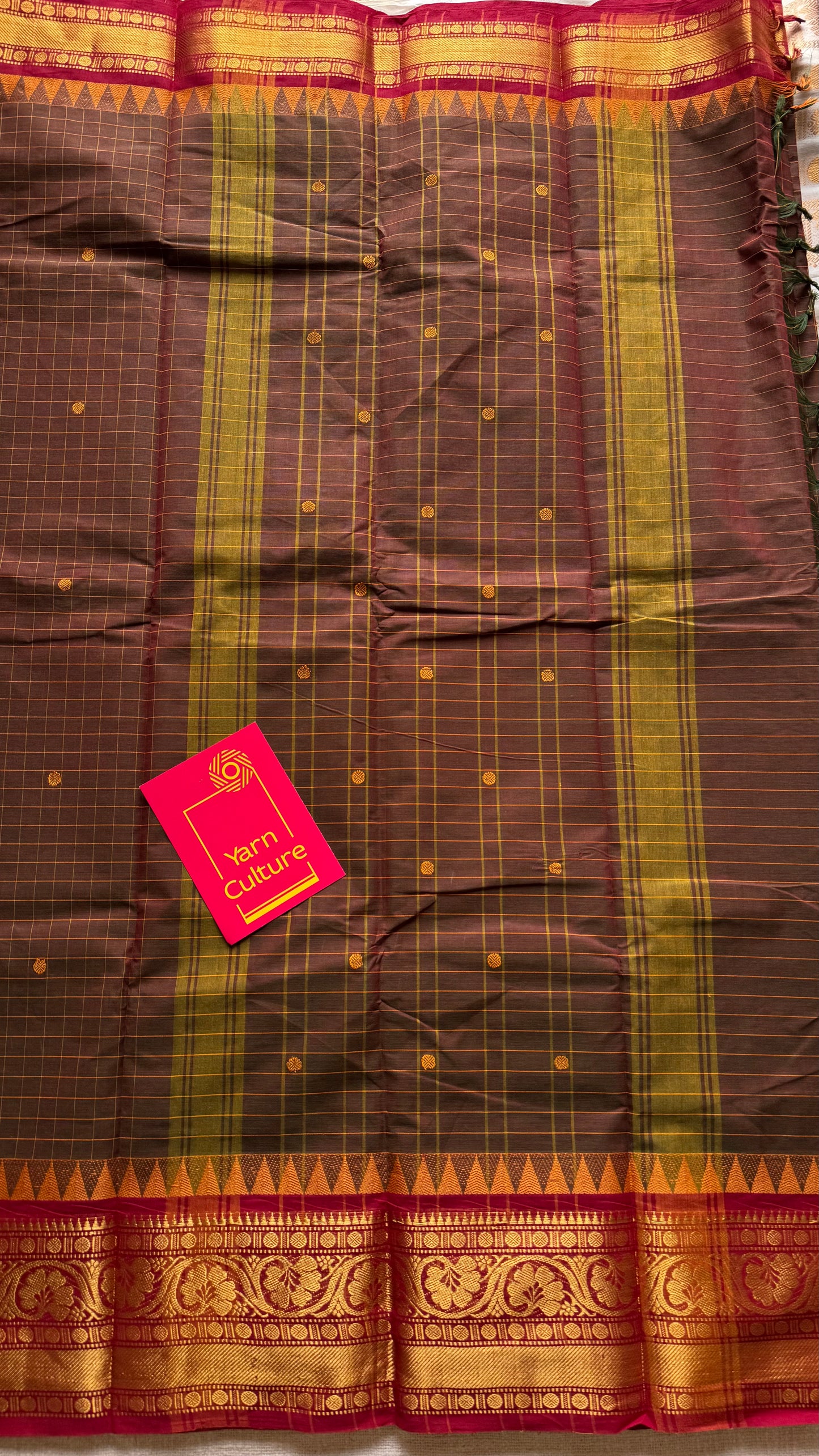 Brownish green with red contrast, checkered kanchi cotton saree - YCCOTNJU22